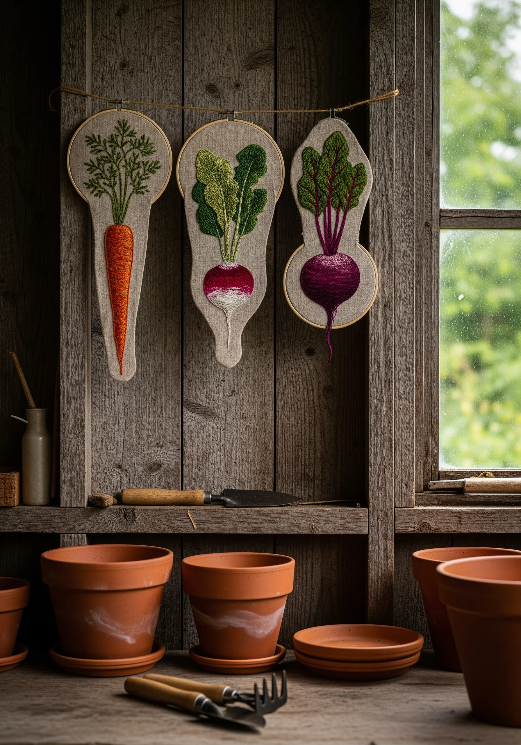 Three custom-shaped wall hangings featuring embroidered root vegetables: a carrot, radish, and beet.