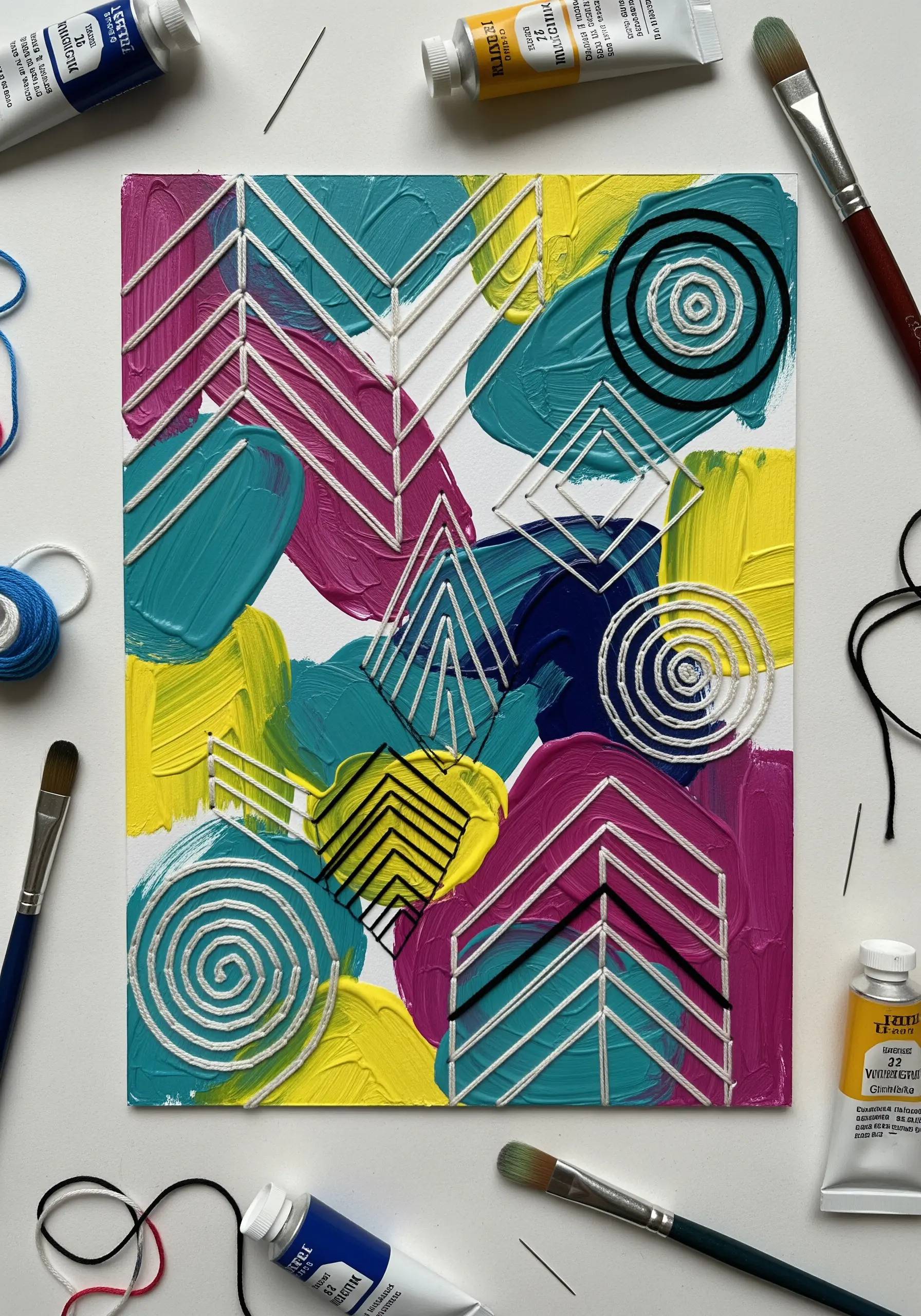 Abstract acrylic painting on canvas with geometric thread lines stitched over it.