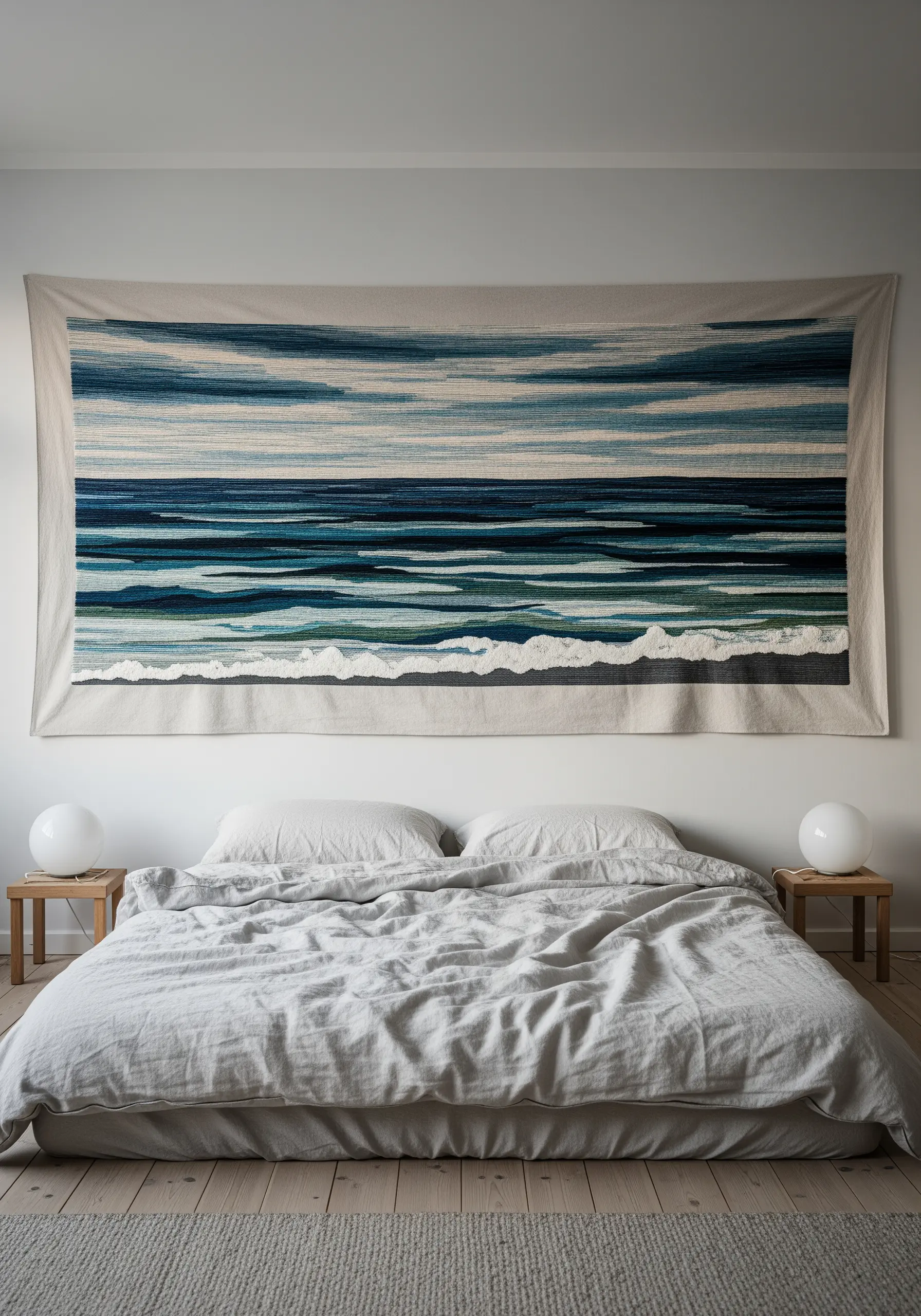 A large embroidered tapestry of an abstract ocean and sky scene hanging above a bed.