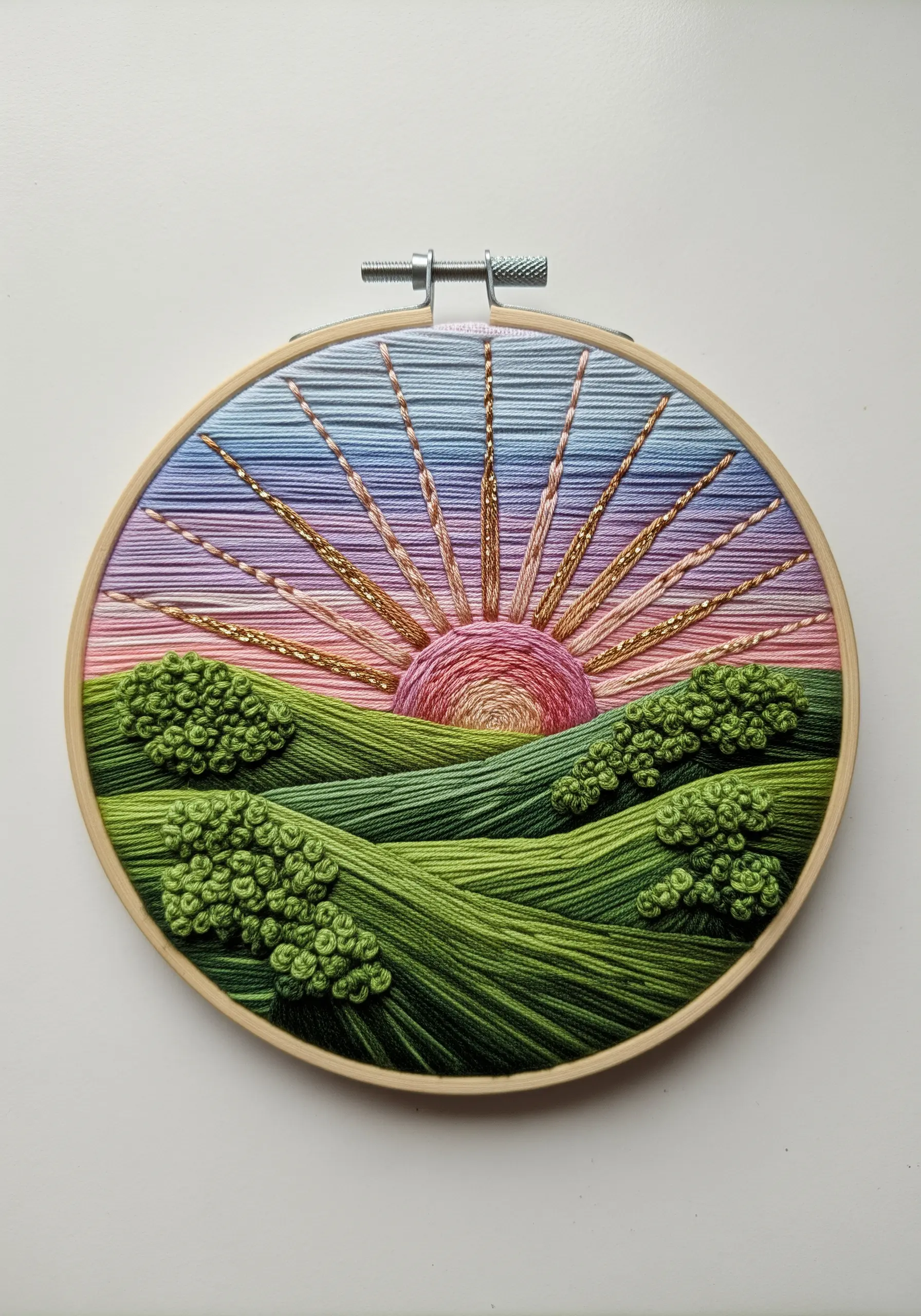 A landscape embroidery of a sunrise over green hills, using satin stitch and French knots.