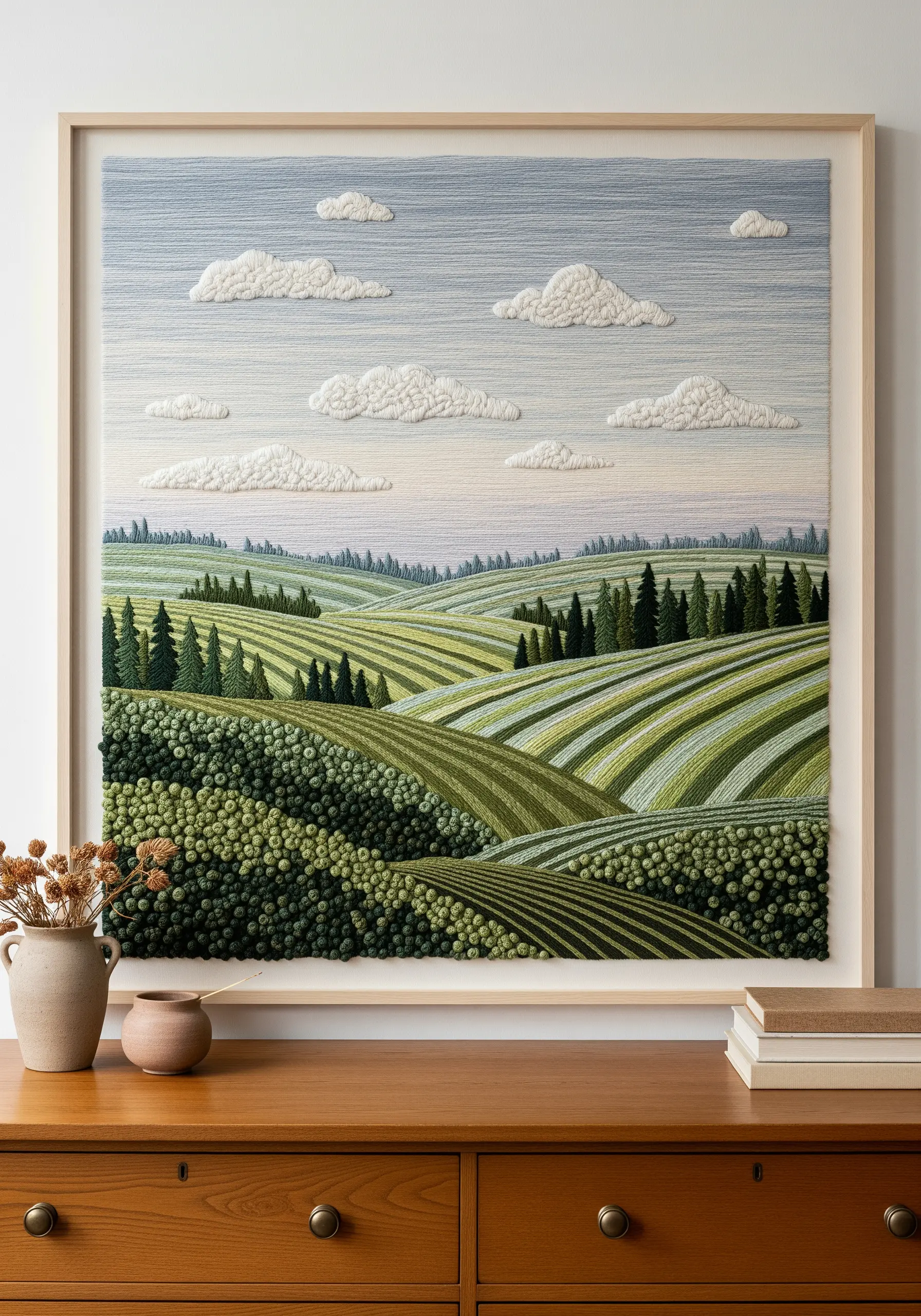 A large, framed embroidery of a rolling green landscape with fluffy, 3D clouds.