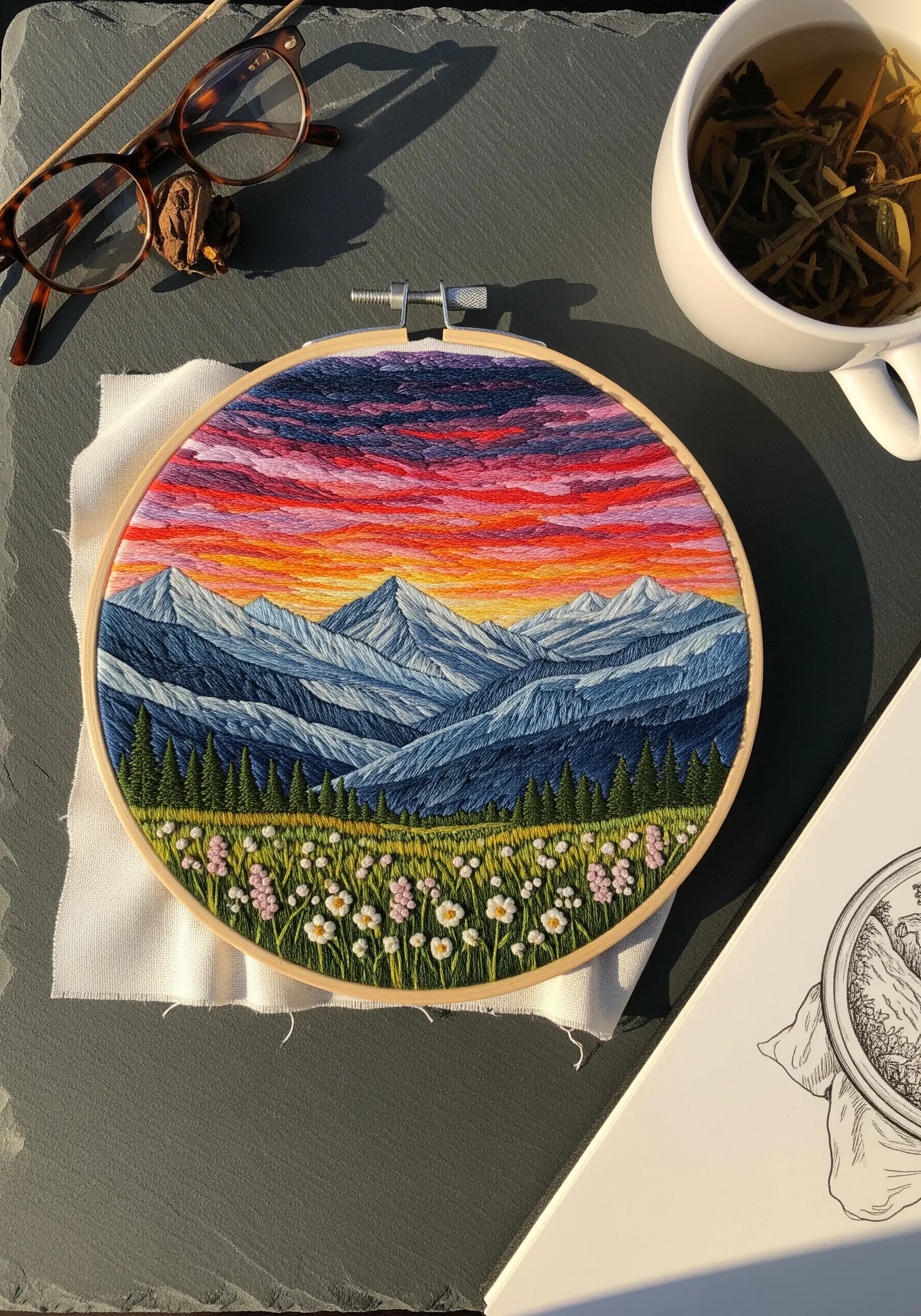 Detailed embroidery of a mountain range at sunset with a field of wildflowers.