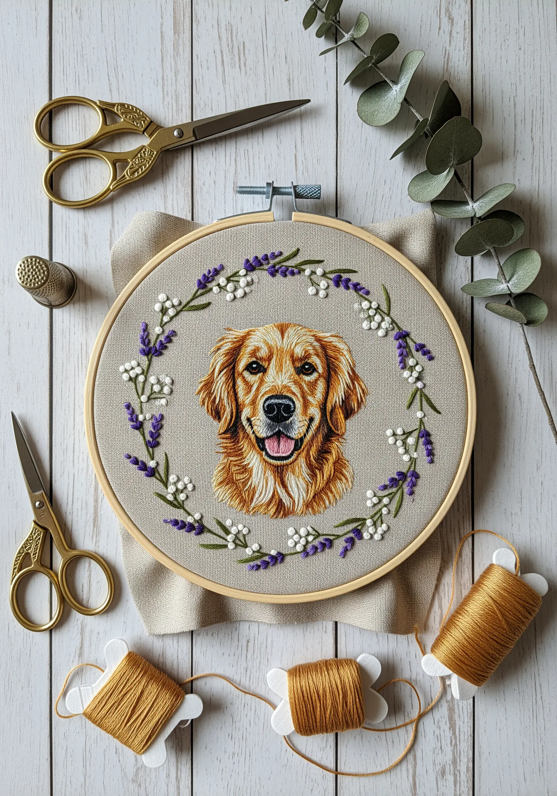 Embroidered golden retriever portrait in a floral wreath hoop.