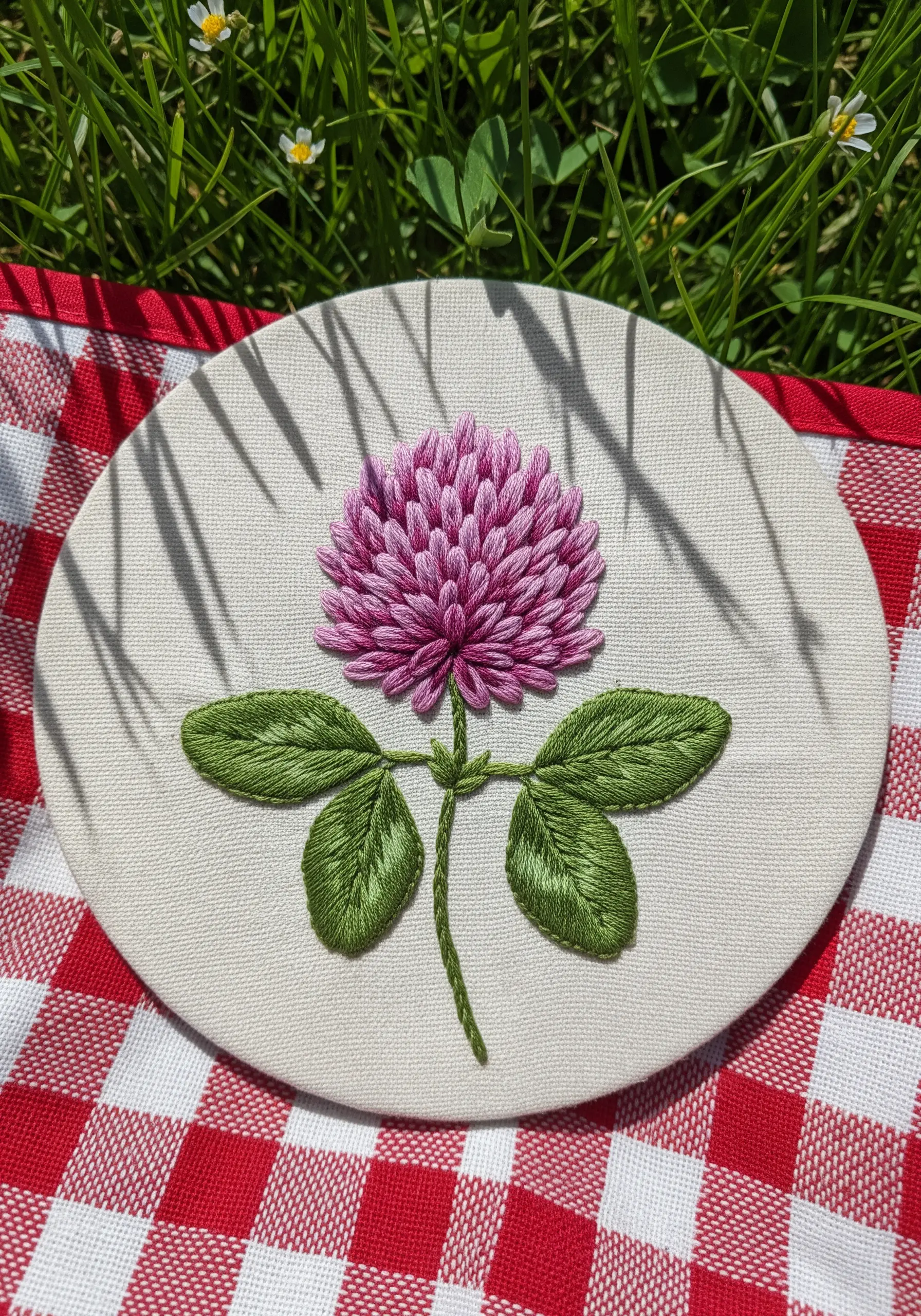 A dimensional red clover flower created with detailed pink and purple thread painting.