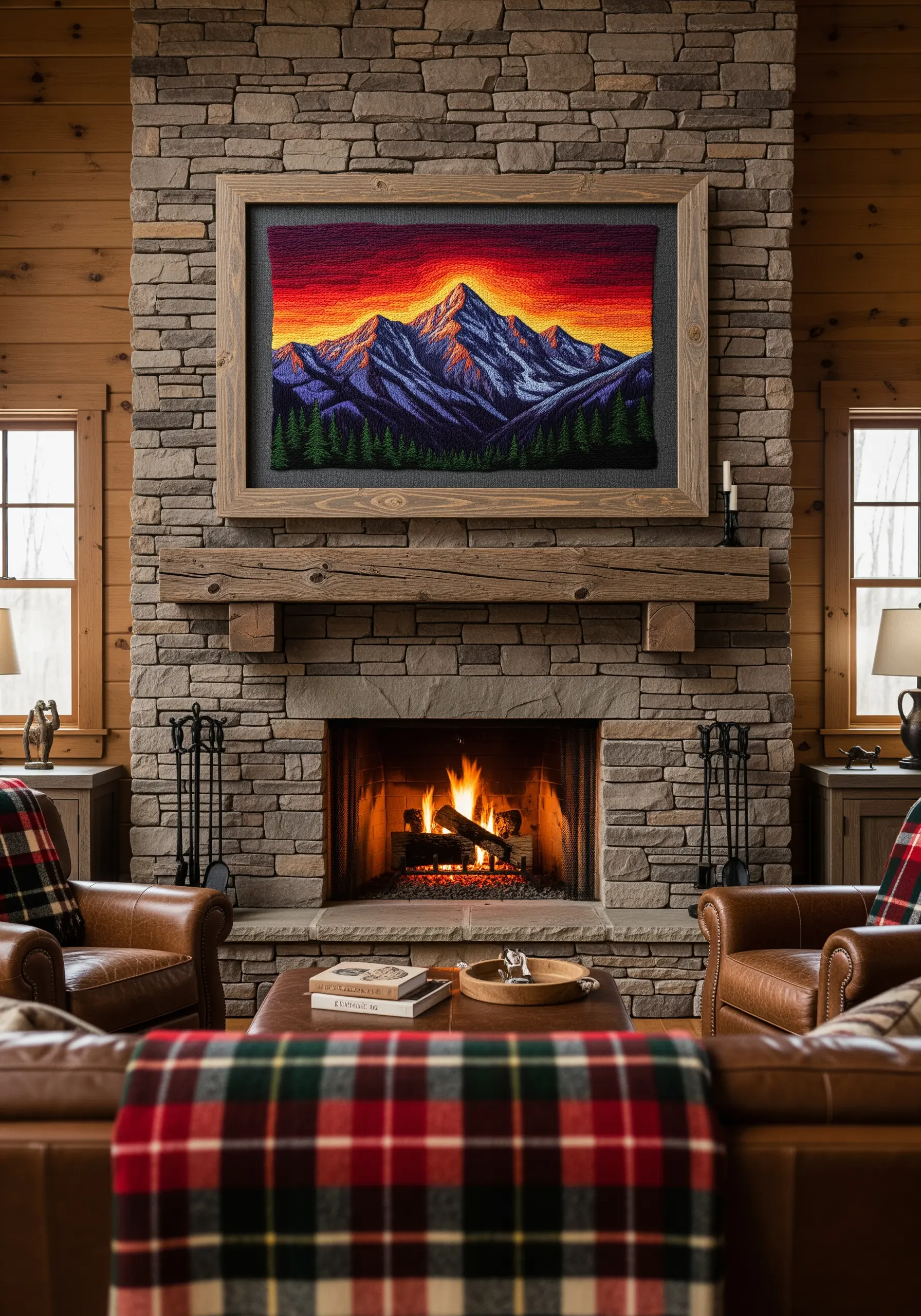 Embroidered mountain landscape with a vibrant, color-gradient sunset sky.