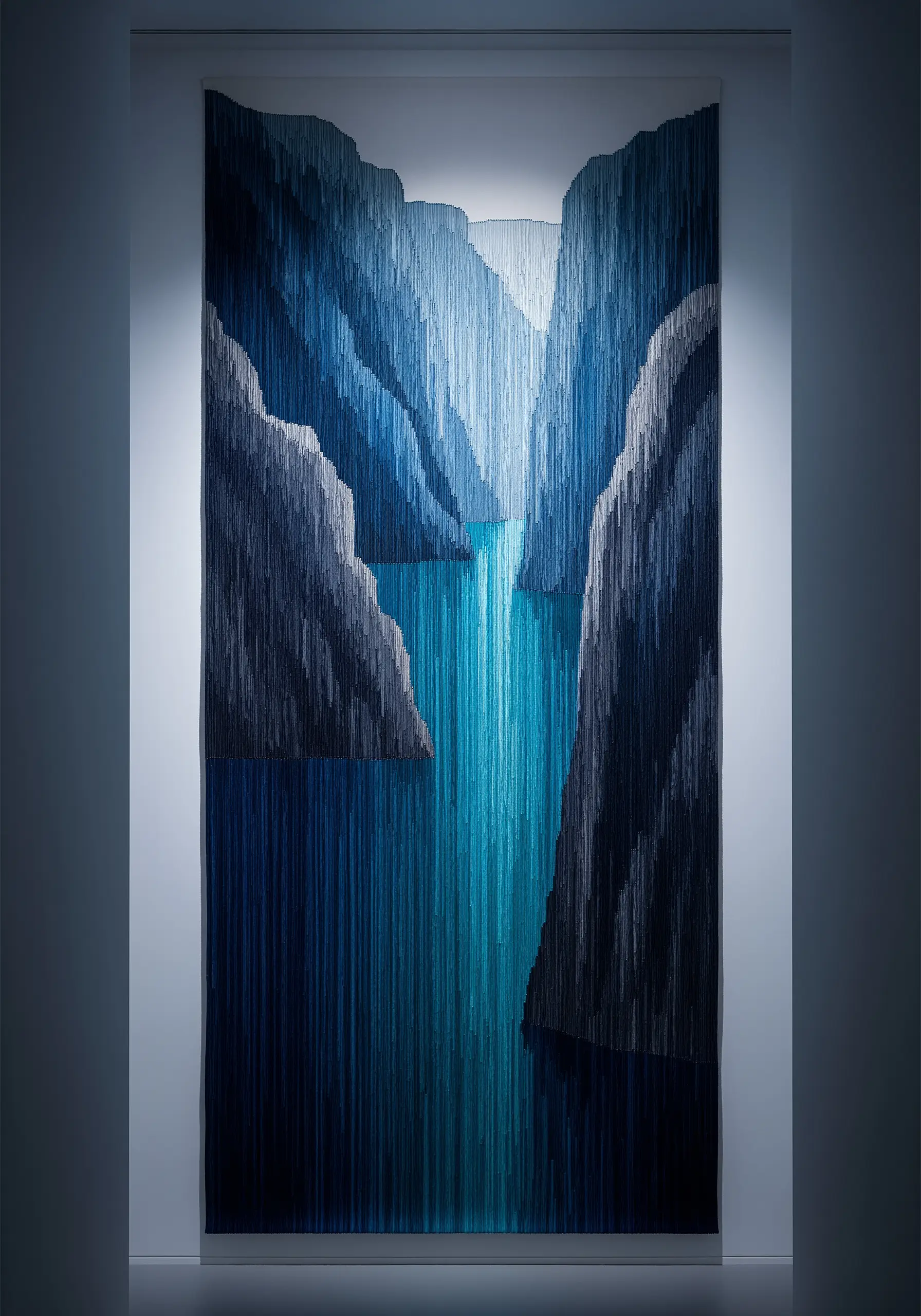 An abstract canyon landscape created with long vertical stitches in shades of blue and grey.