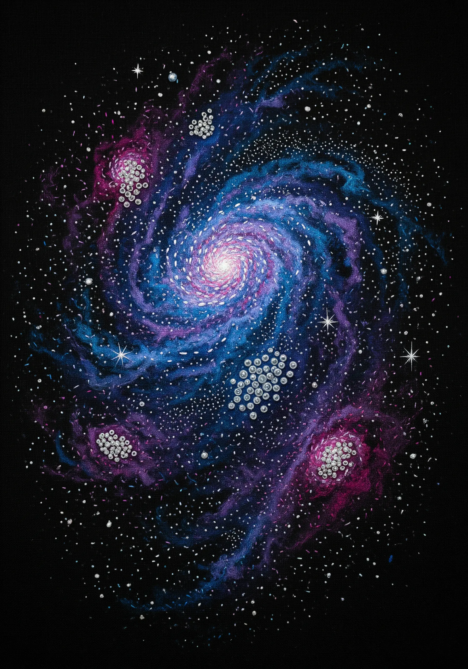 A detailed spiral galaxy embroidered with blended threads, French knots, and bead clusters.