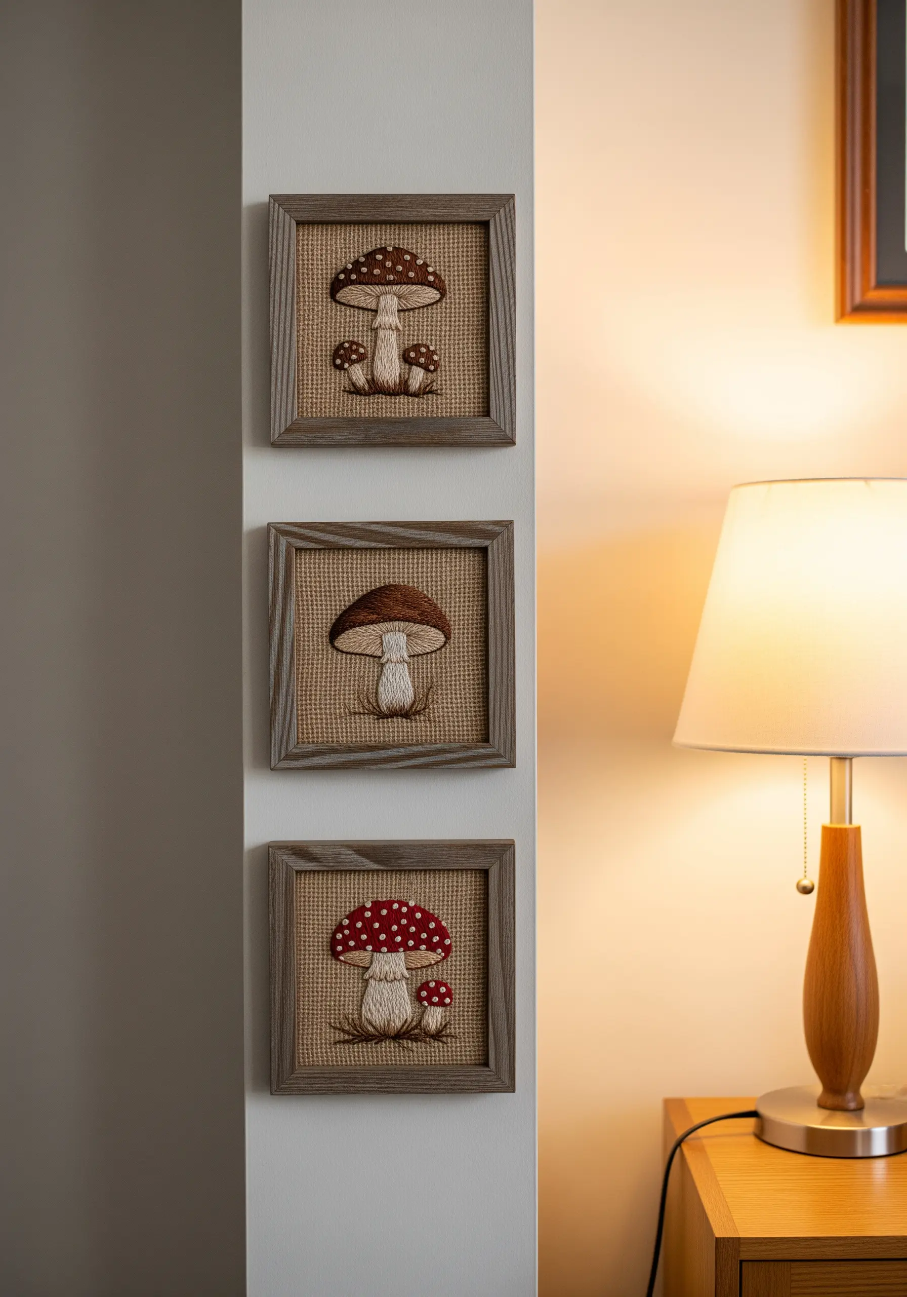 A triptych of framed mushroom embroideries on a textured burlap-like fabric.
