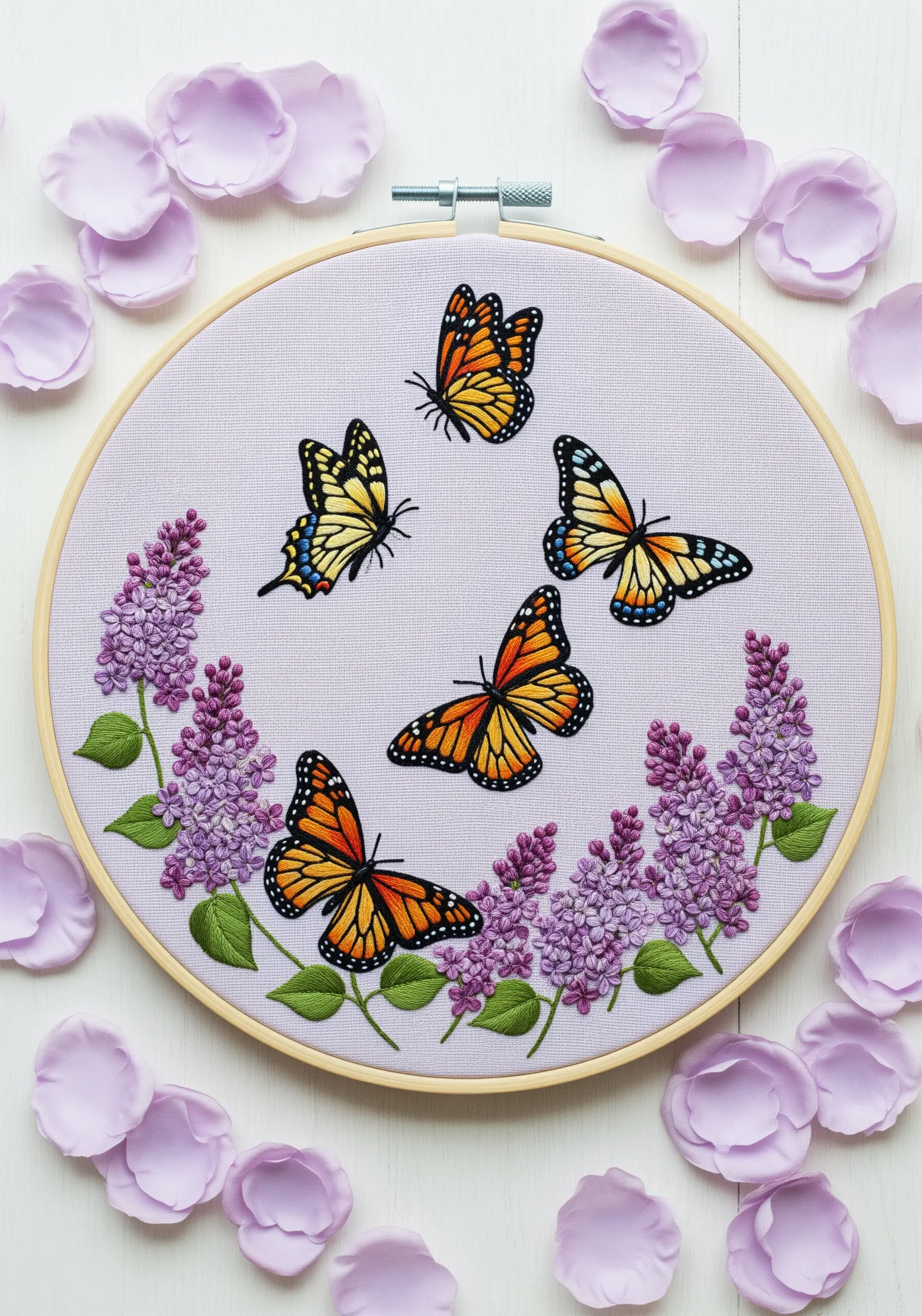 Embroidered lilac flowers with four detailed, thread-painted monarch and swallowtail butterflies.