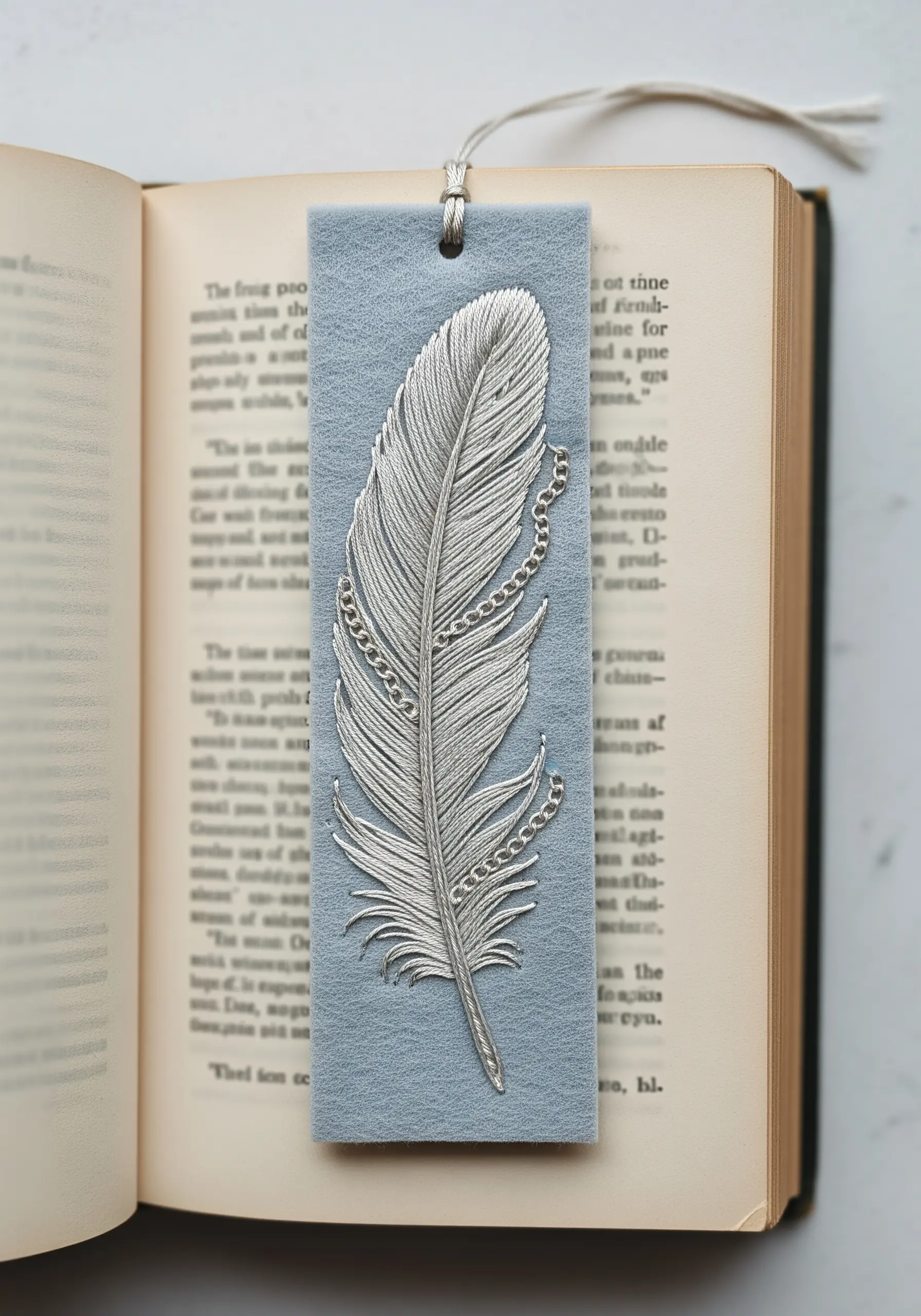 A detailed feather embroidered in silver thread on a grey felt bookmark.