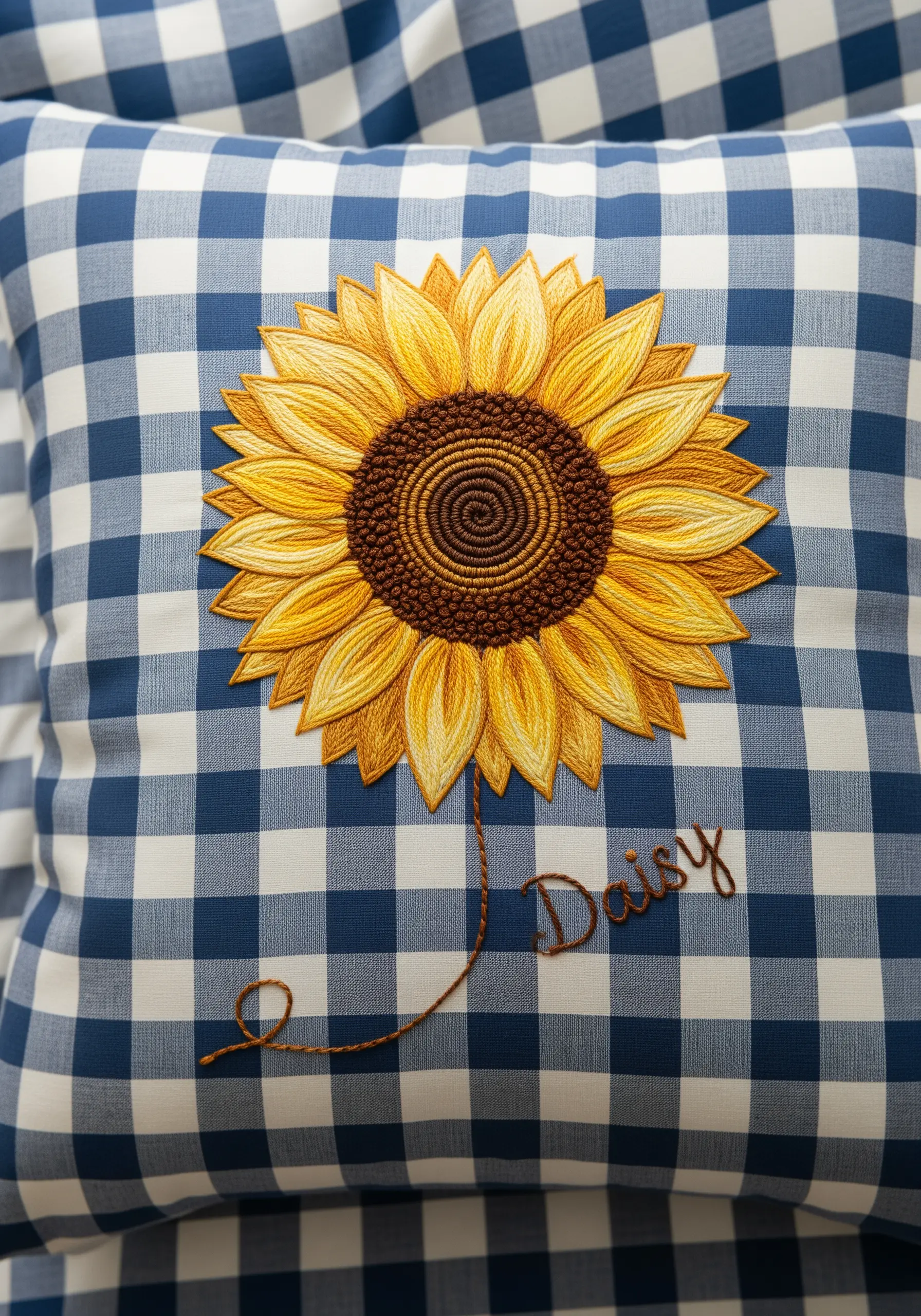 Blue gingham pillow with large embroidered sunflower and name Daisy