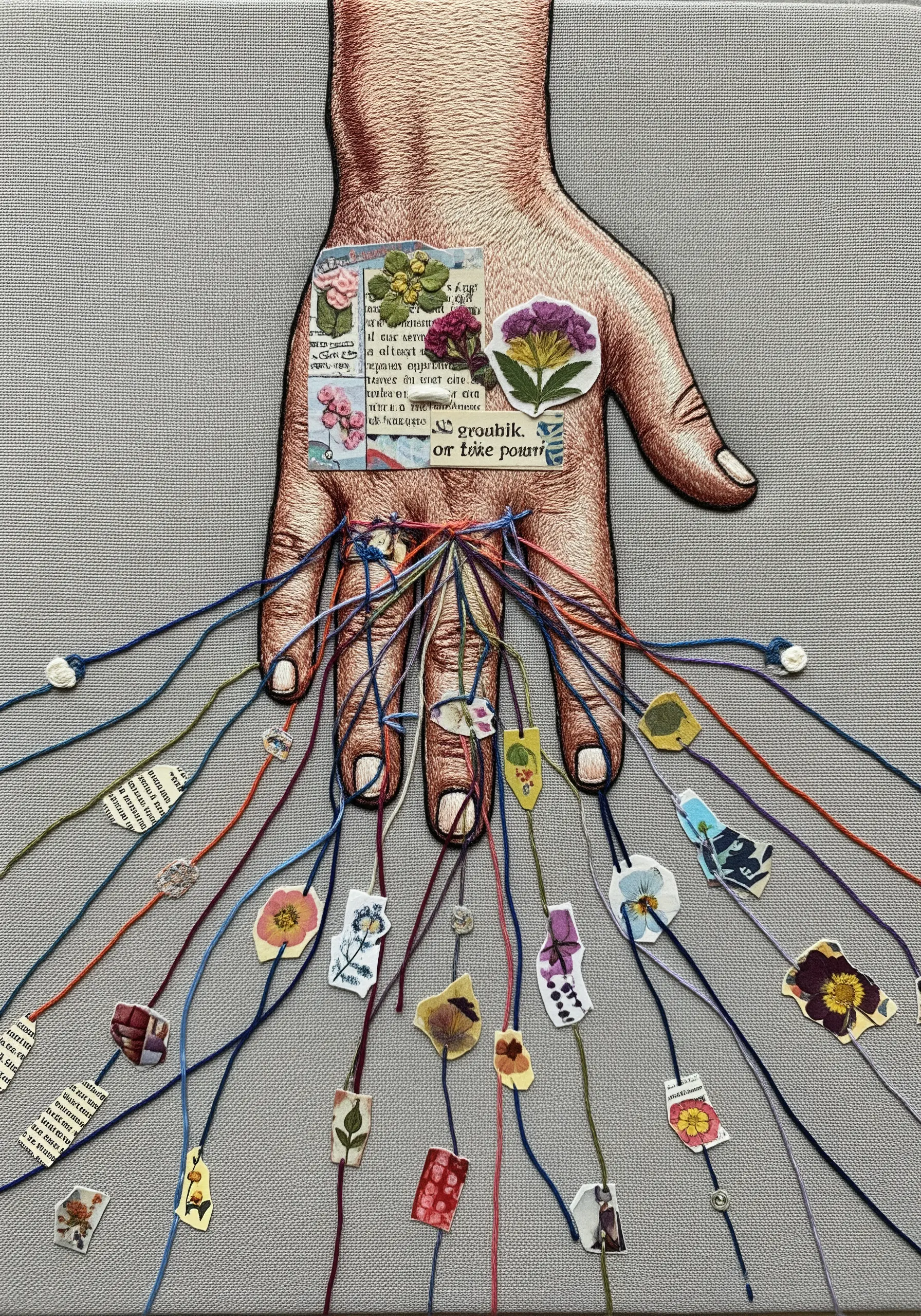 A thread-painted hand with threads extending out, each holding a small paper collage element.