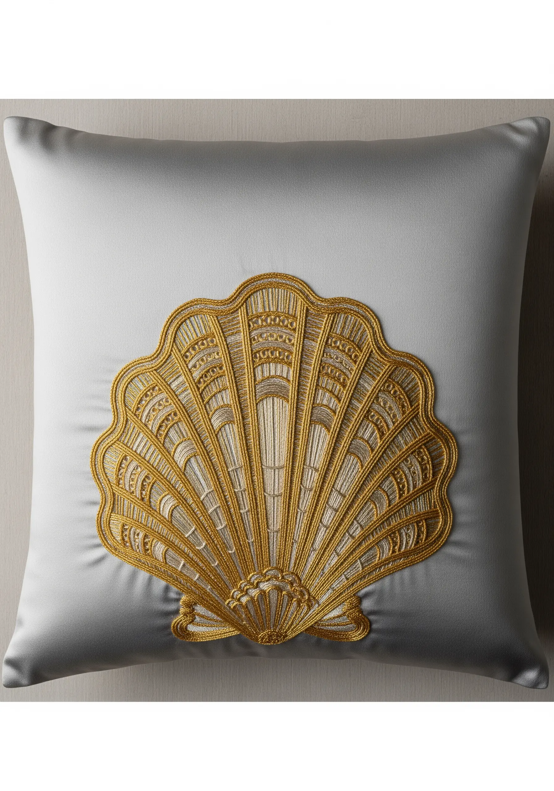 Embroidered seashell using gold, white, and cream thread painting.