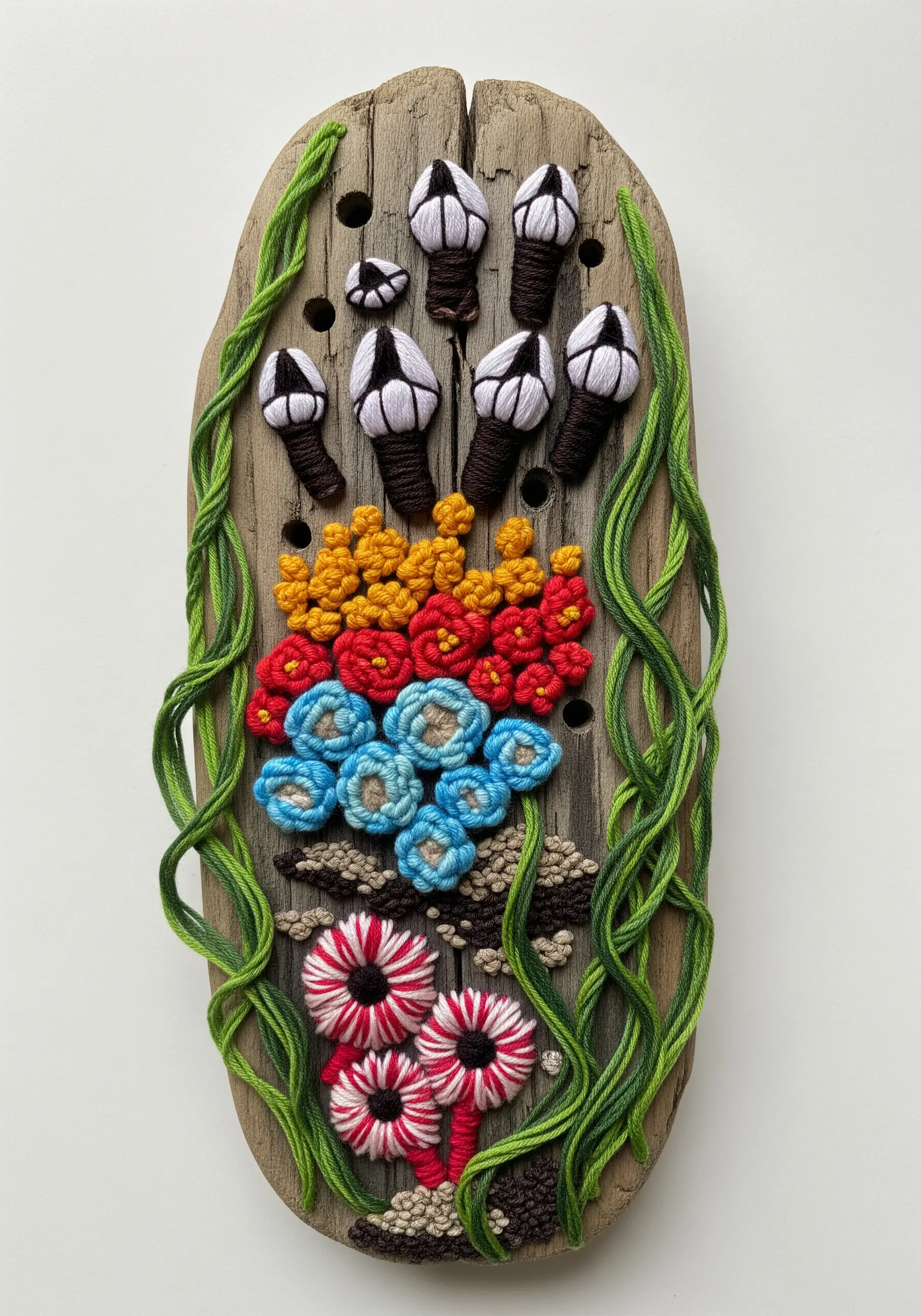 Three-dimensional embroidered sea creatures and seaweed on a piece of driftwood.