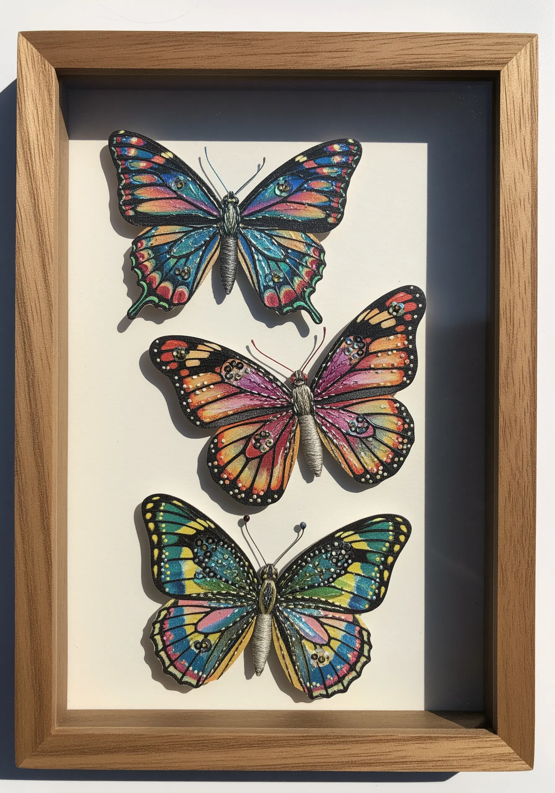 Framed paper butterflies with hand-stitched antennae and subtle embroidered wing details.