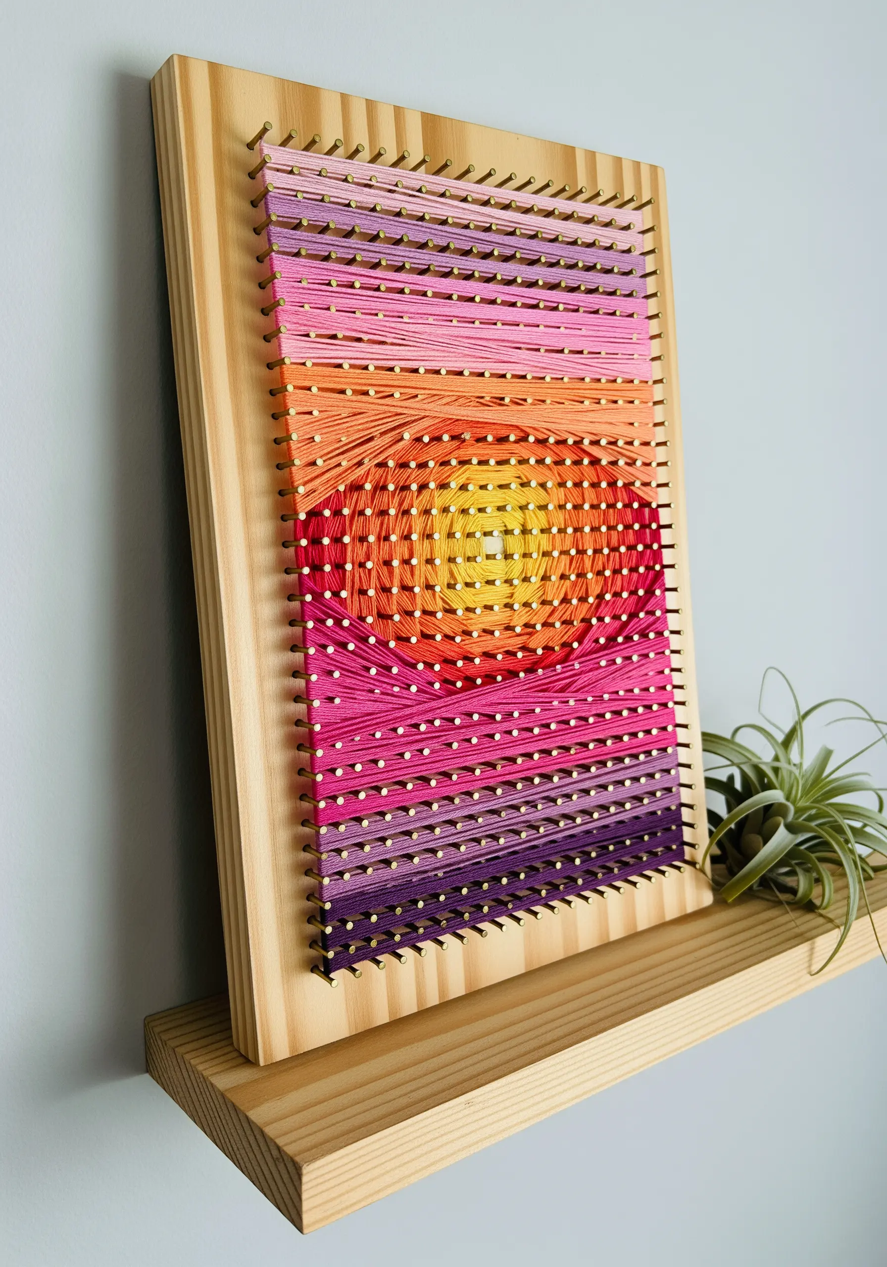 String art on a wooden board with a geometric sunset gradient in pink, orange, and purple.