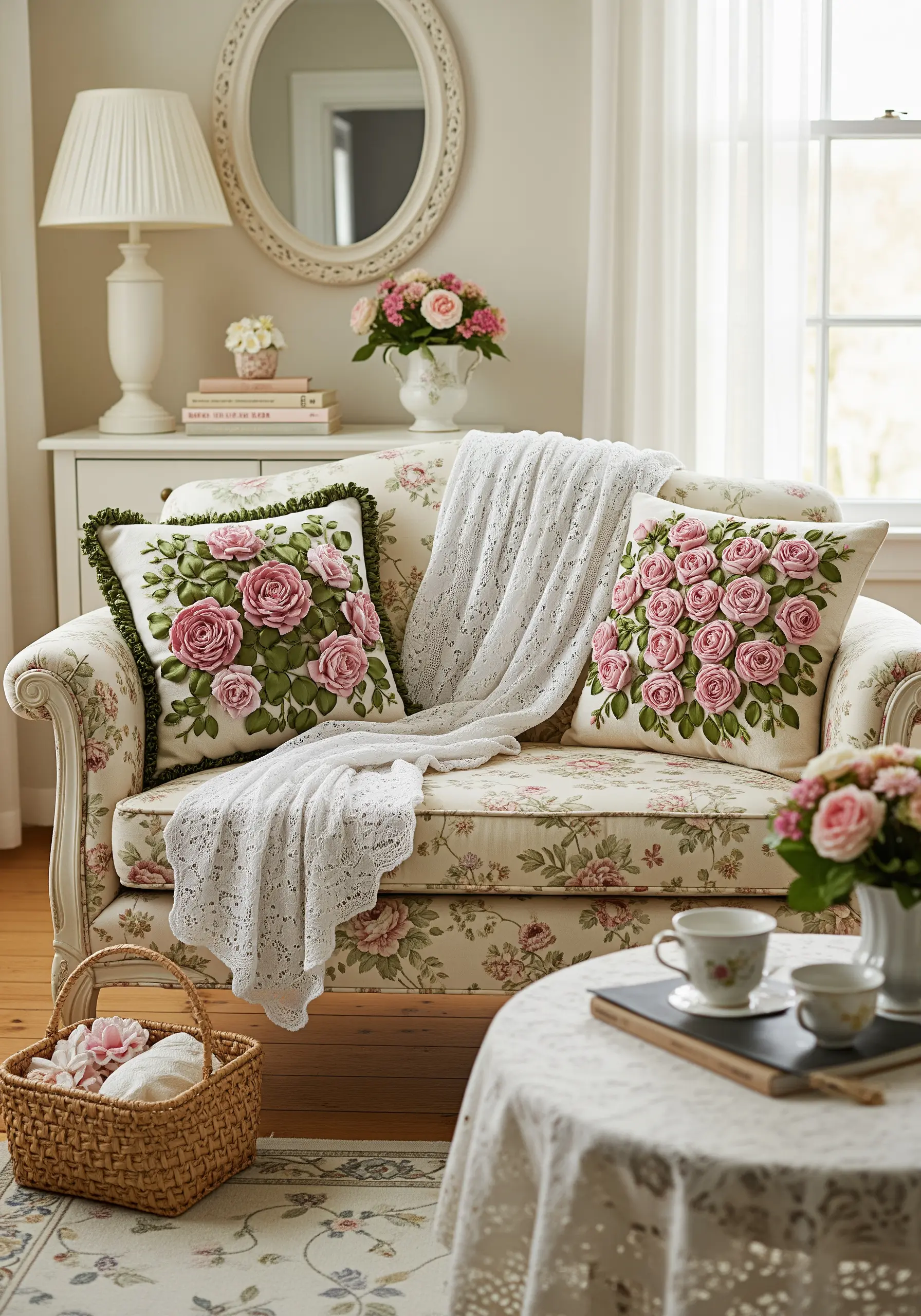 Two cushions adorned with pink and red 3D roses made from silk ribbon embroidery.
