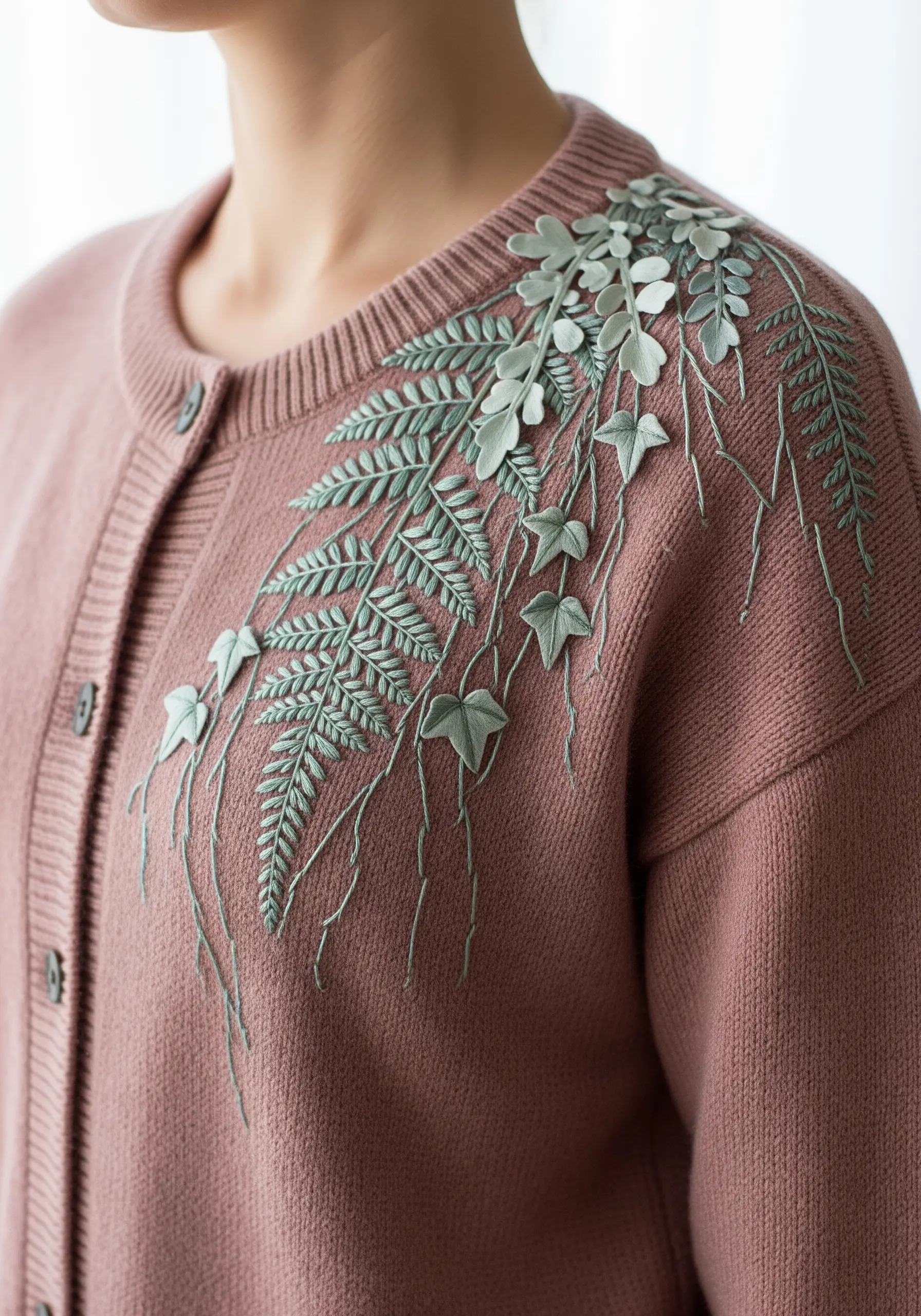 A dusty pink cardigan with 3D stumpwork ivy leaves layered over flat fern embroidery.