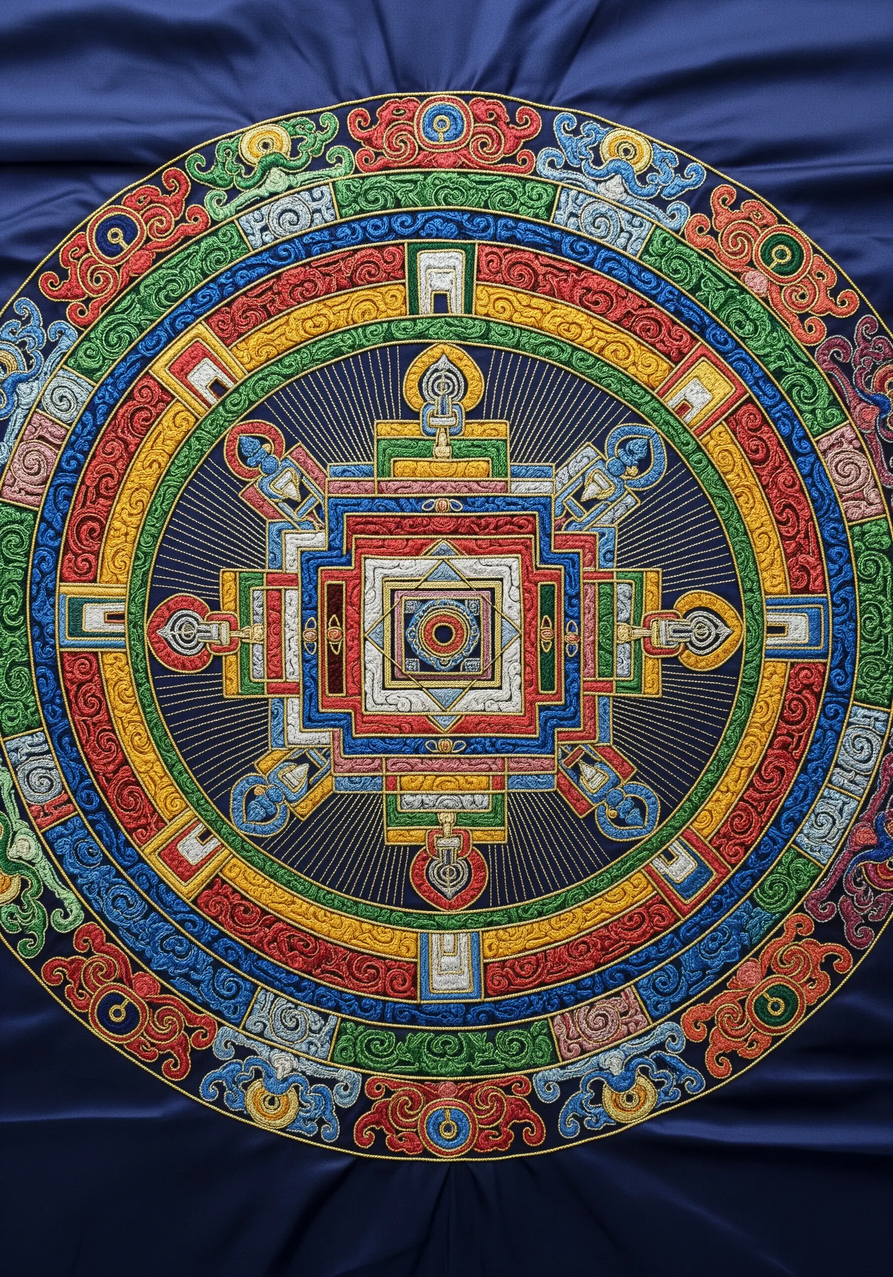 A brightly colored, intricate Tibetan Buddhist mandala embroidered on dark blue silk.