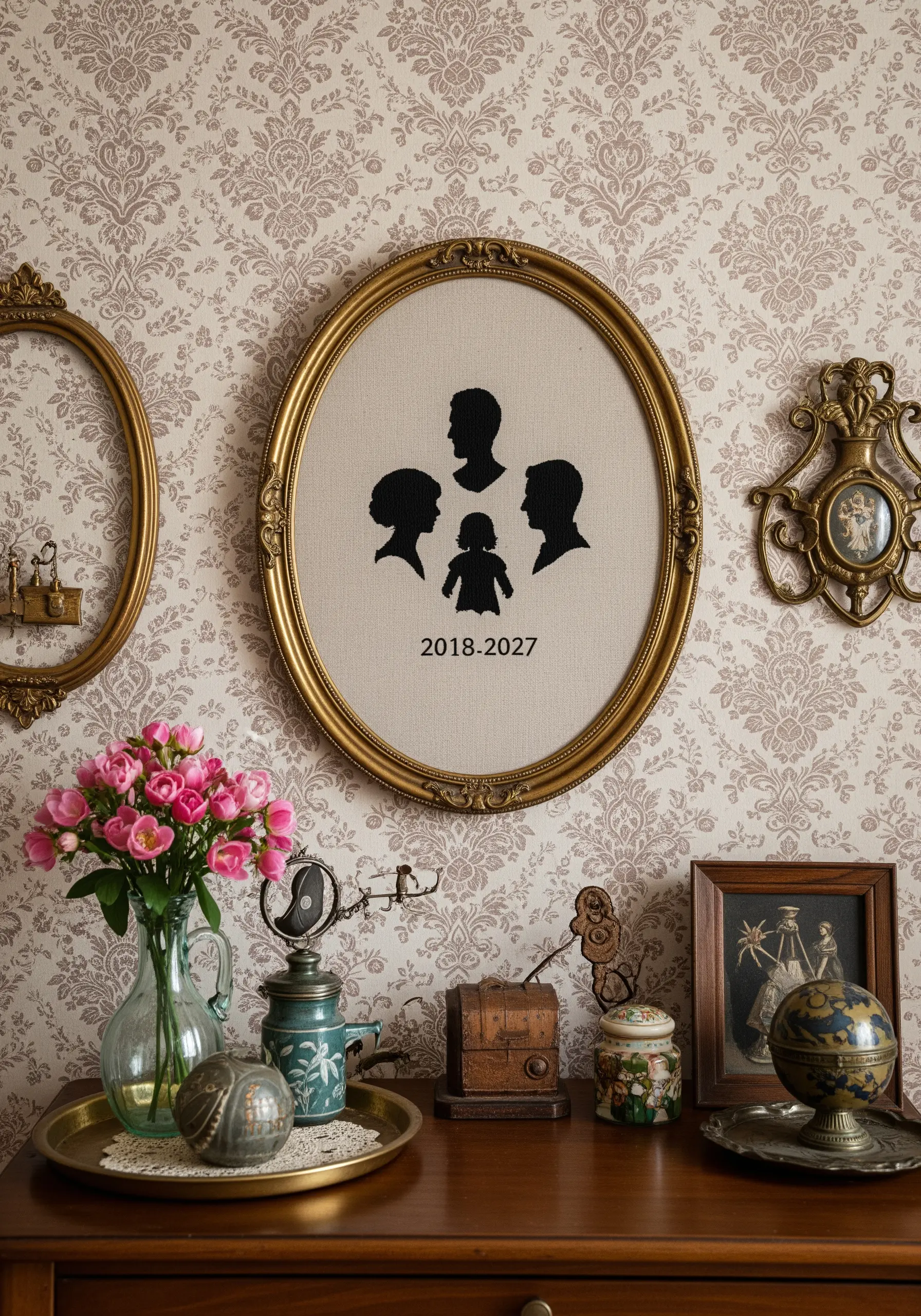 An oval-framed embroidery of four family member silhouettes in black thread.