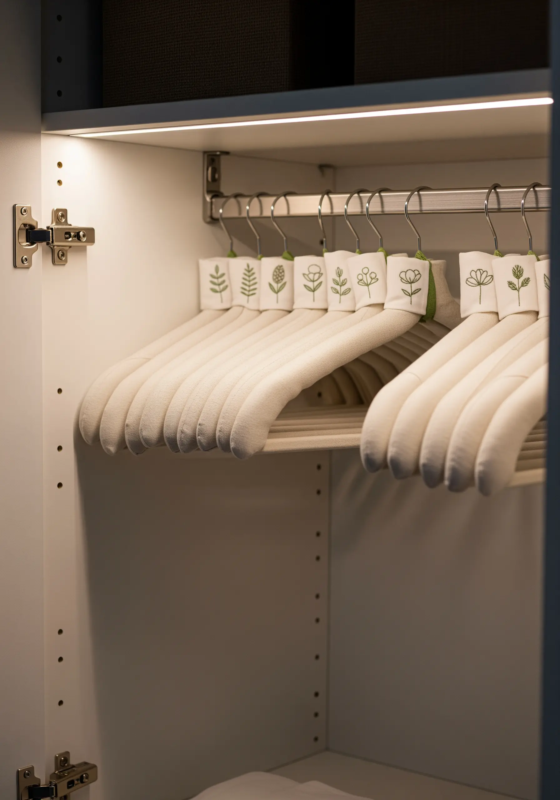 Small, simple green leaf and flower motifs embroidered on padded clothes hangers.