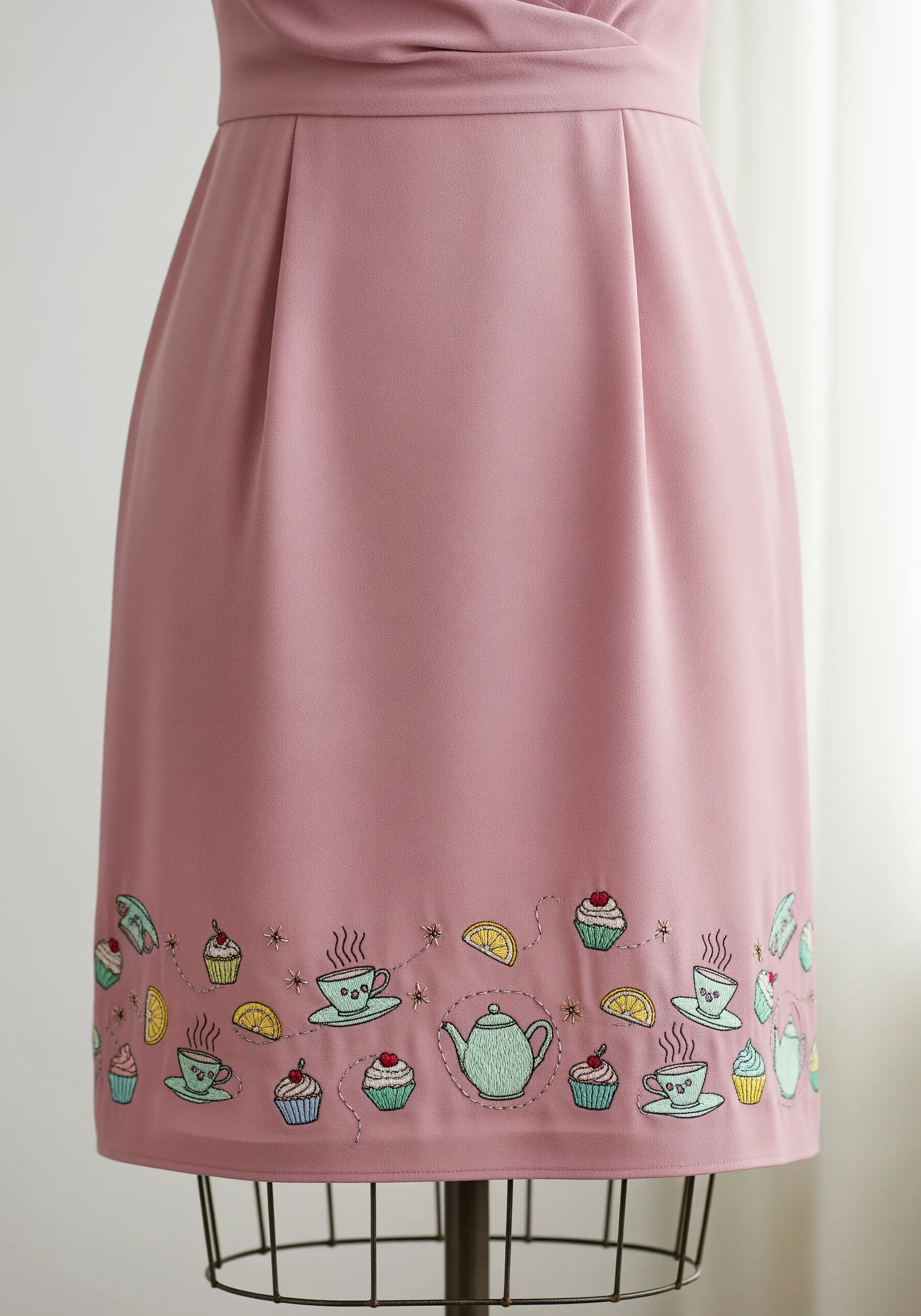 Pink dress with tiny embroidered teacups cupcakes and lemon slices