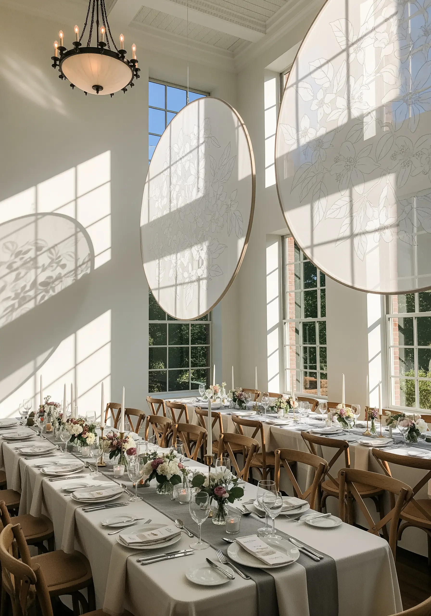 Large, circular white panels with tone-on-tone white floral embroidery hanging in a wedding venue.