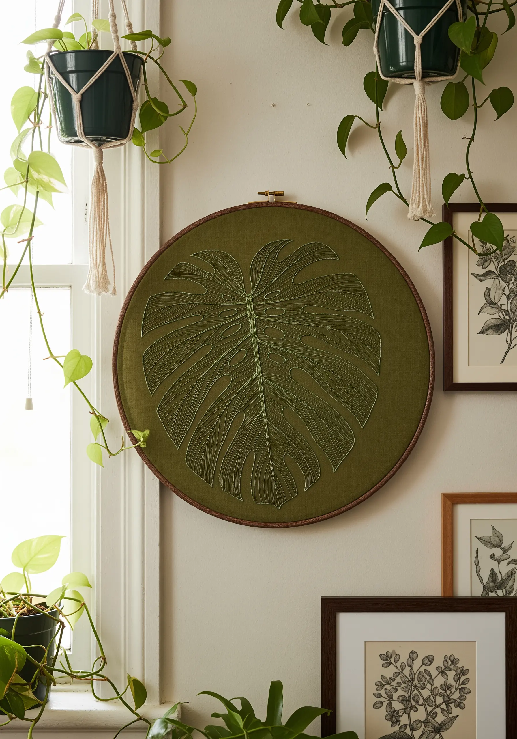 A monstera leaf with intricate vein details stitched in light green on an olive green background.