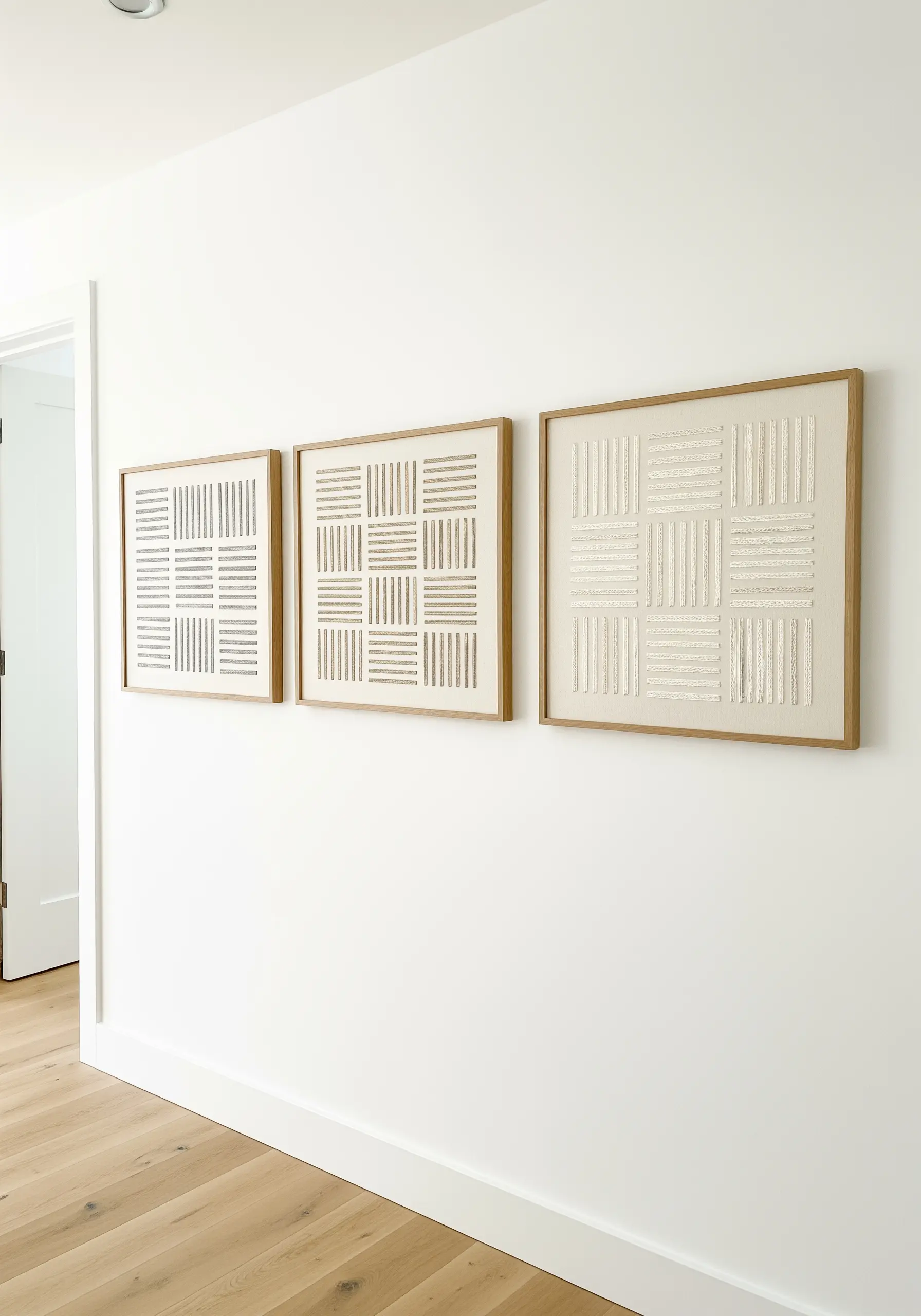 A triptych of framed embroideries with geometric patterns stitched in white thread on off-white fabric.