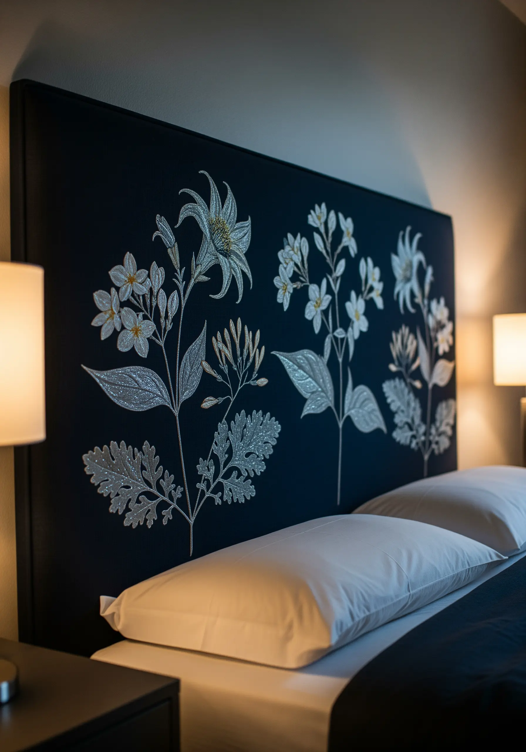 A dark upholstered headboard featuring a large, elegant floral design stitched in silvery-white threads.