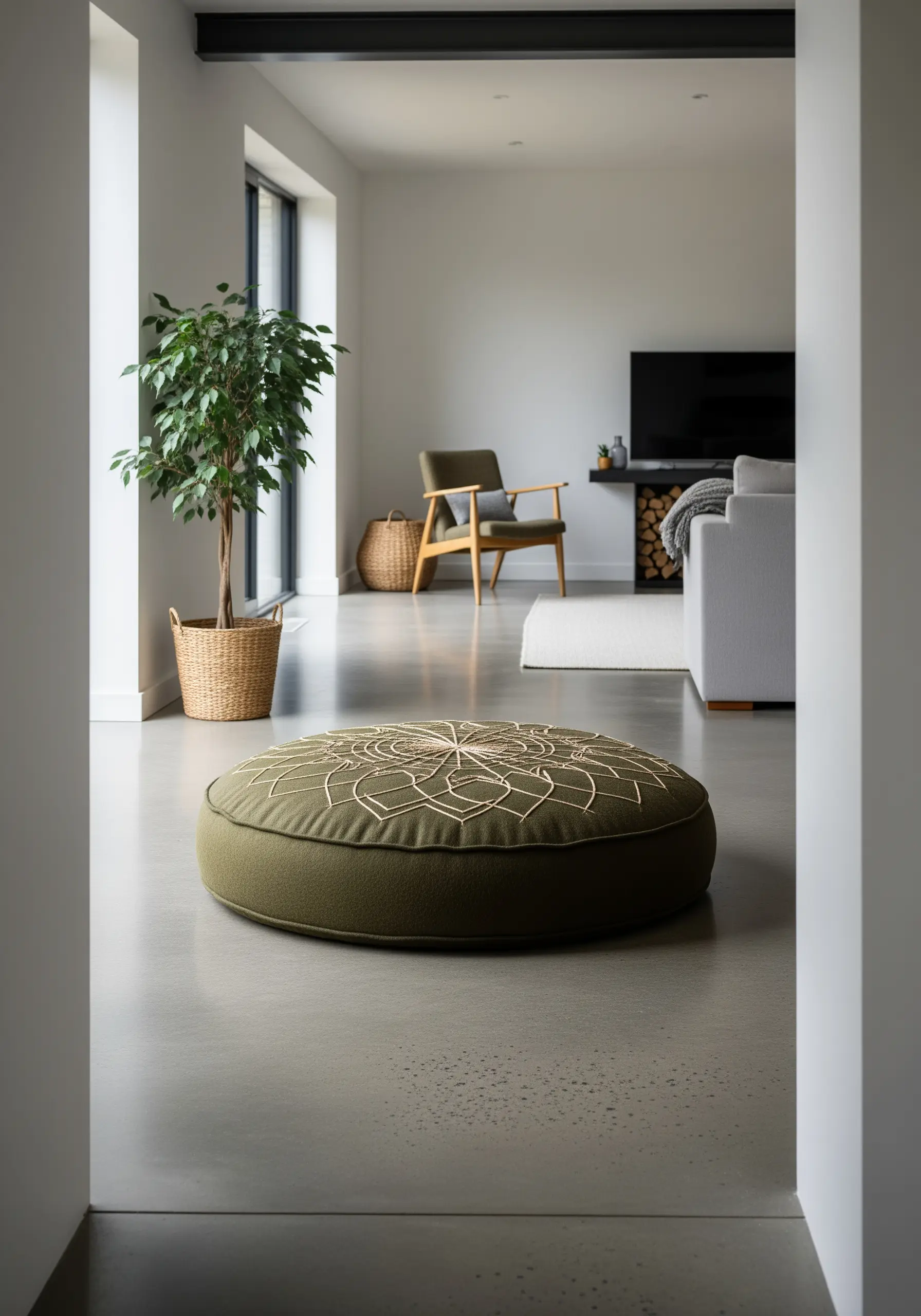 An intricate mandala embroidered in a light thread on a dark olive green floor cushion.