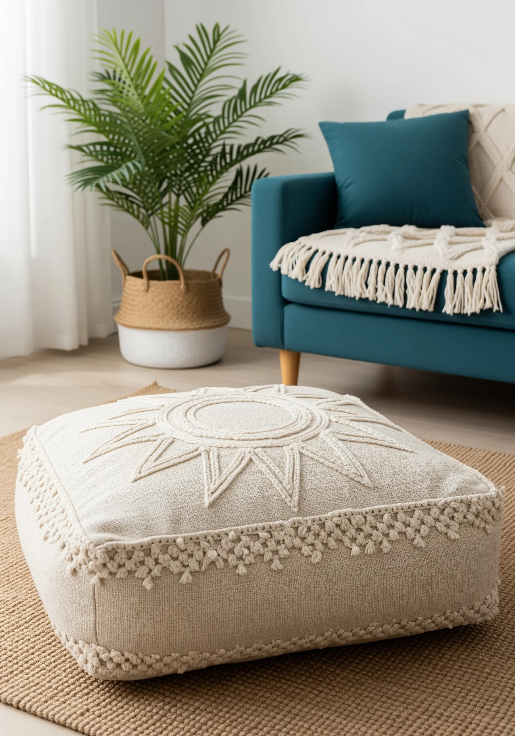 A textural sun motif embroidered on a cream-colored floor cushion using matching cream-colored thread.
