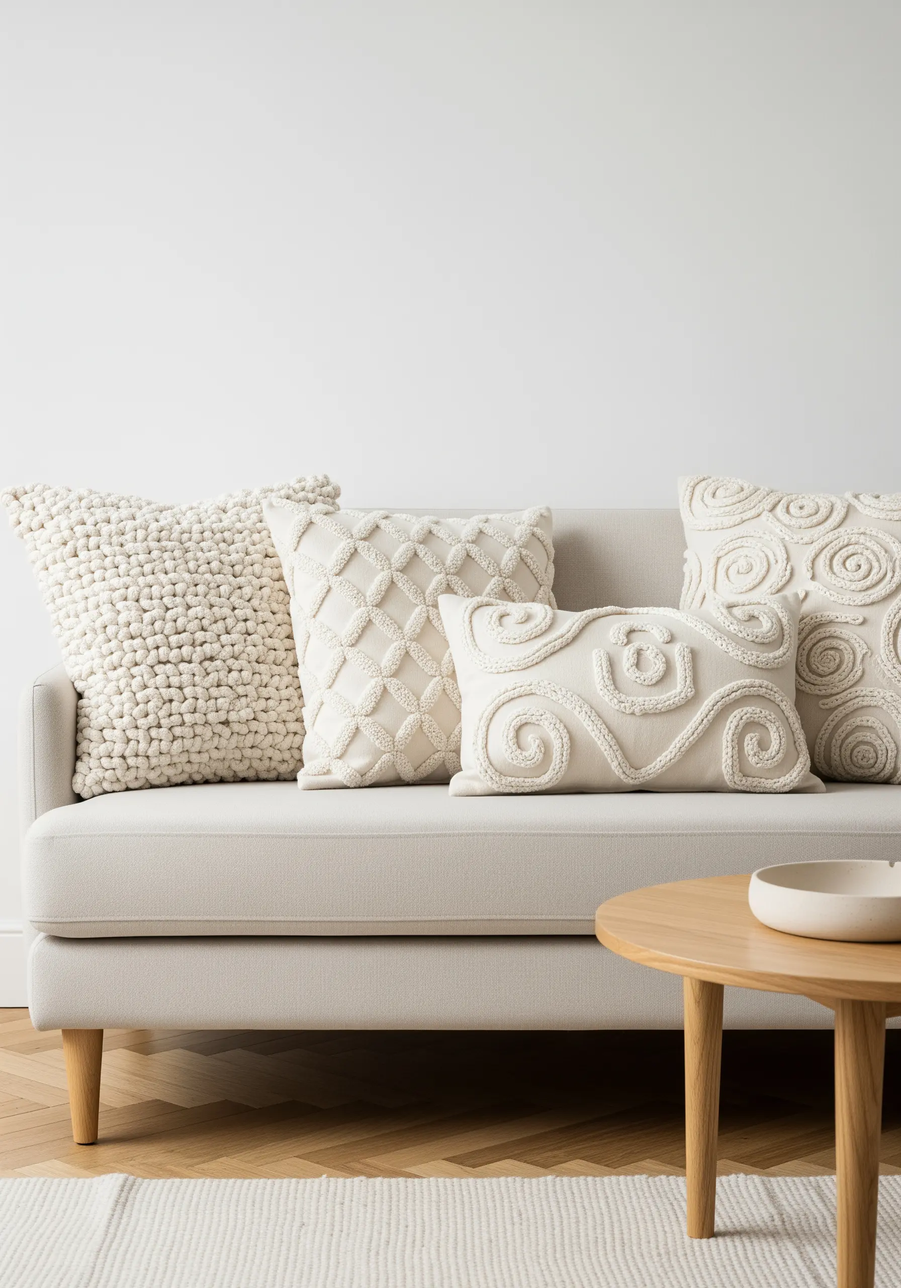 Four off-white cushions with different raised textures, including knots, loops, and swirls.