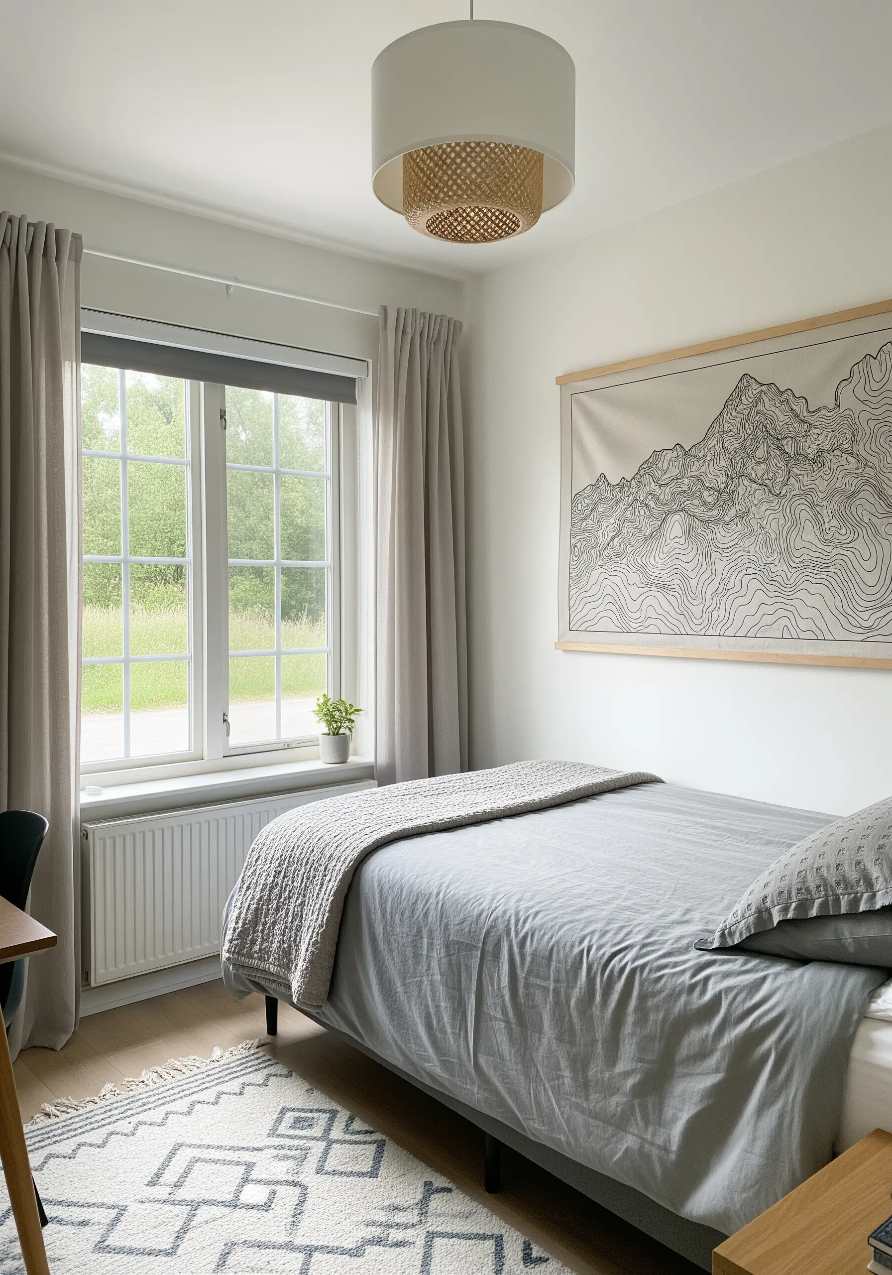 A large wall hanging with embroidered topographic contour lines of a mountain range.