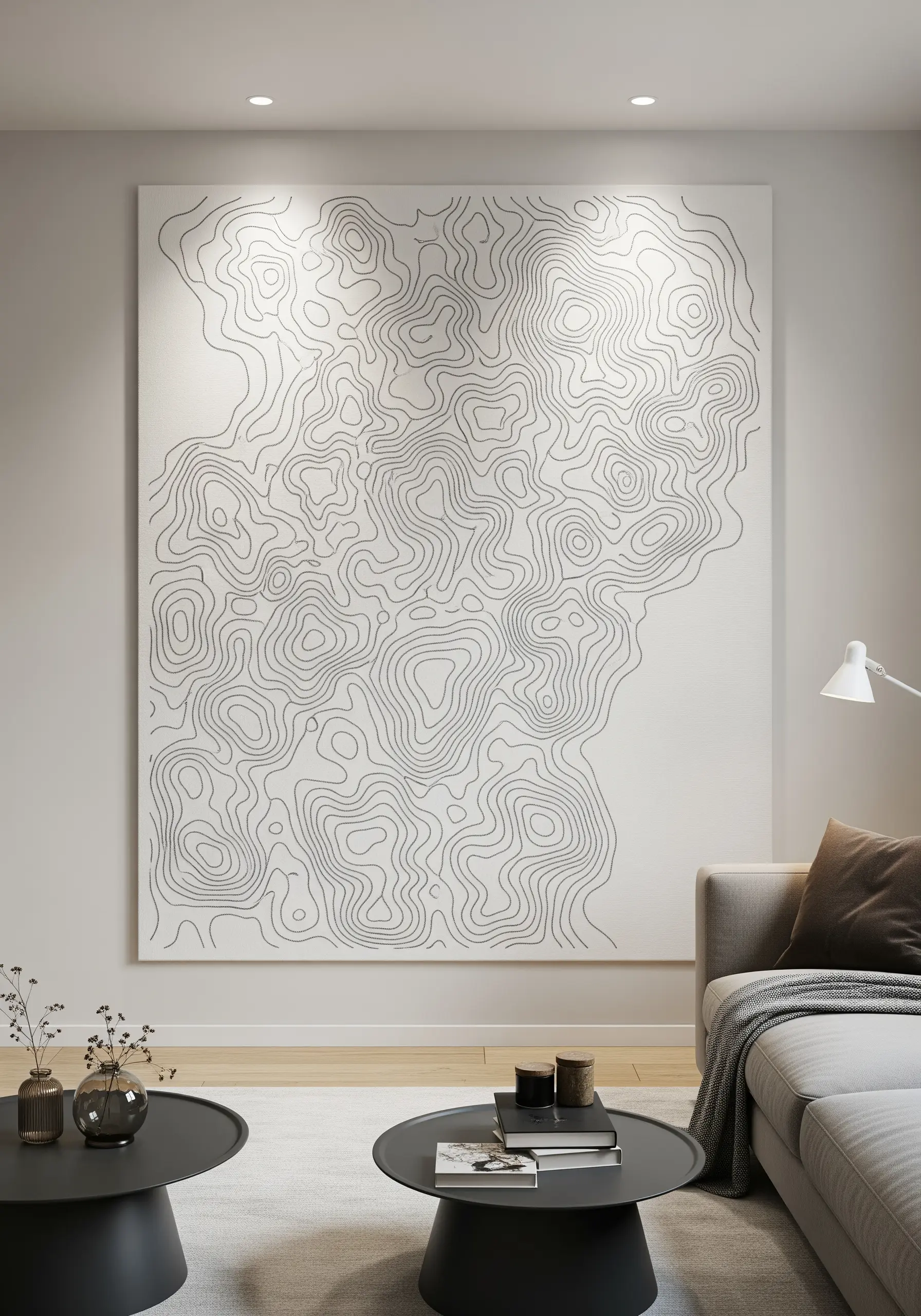 A large-scale topographic map embroidered with fine black line work on white canvas.