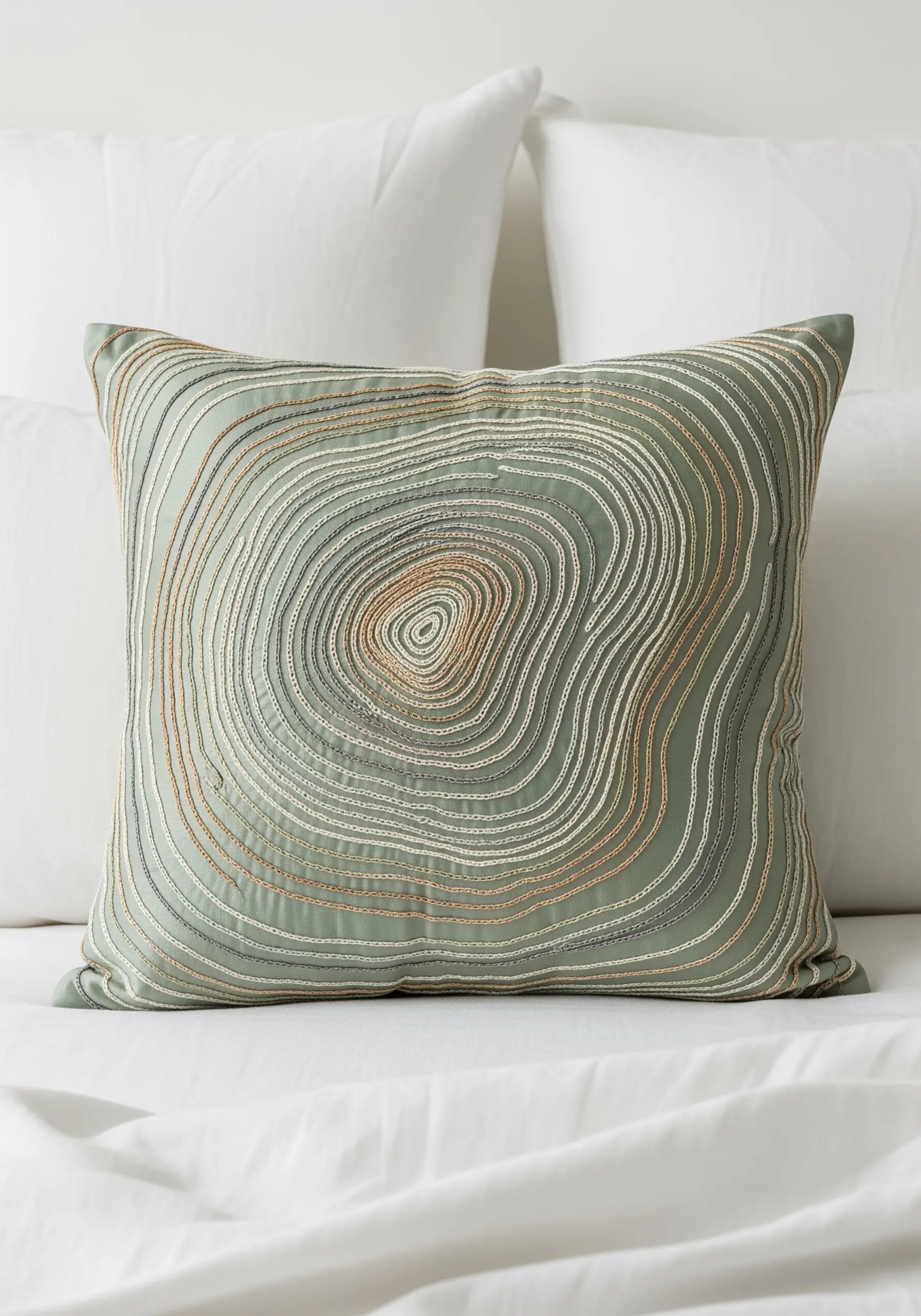 Concentric, wavy lines in neutral and metallic threads creating a topographic map effect.
