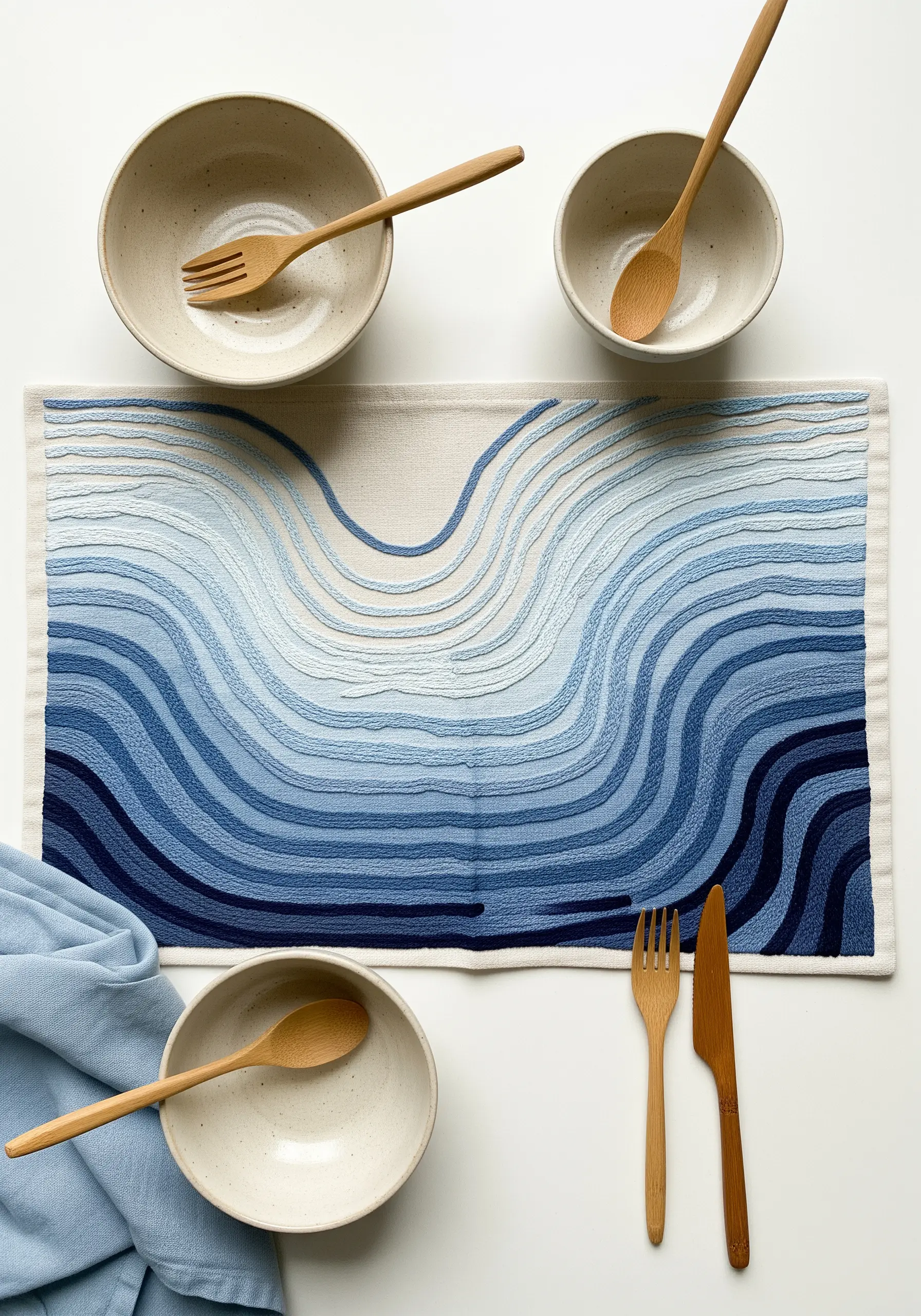 Placemat with wavy embroidered lines in shades of blue creating a gradient effect