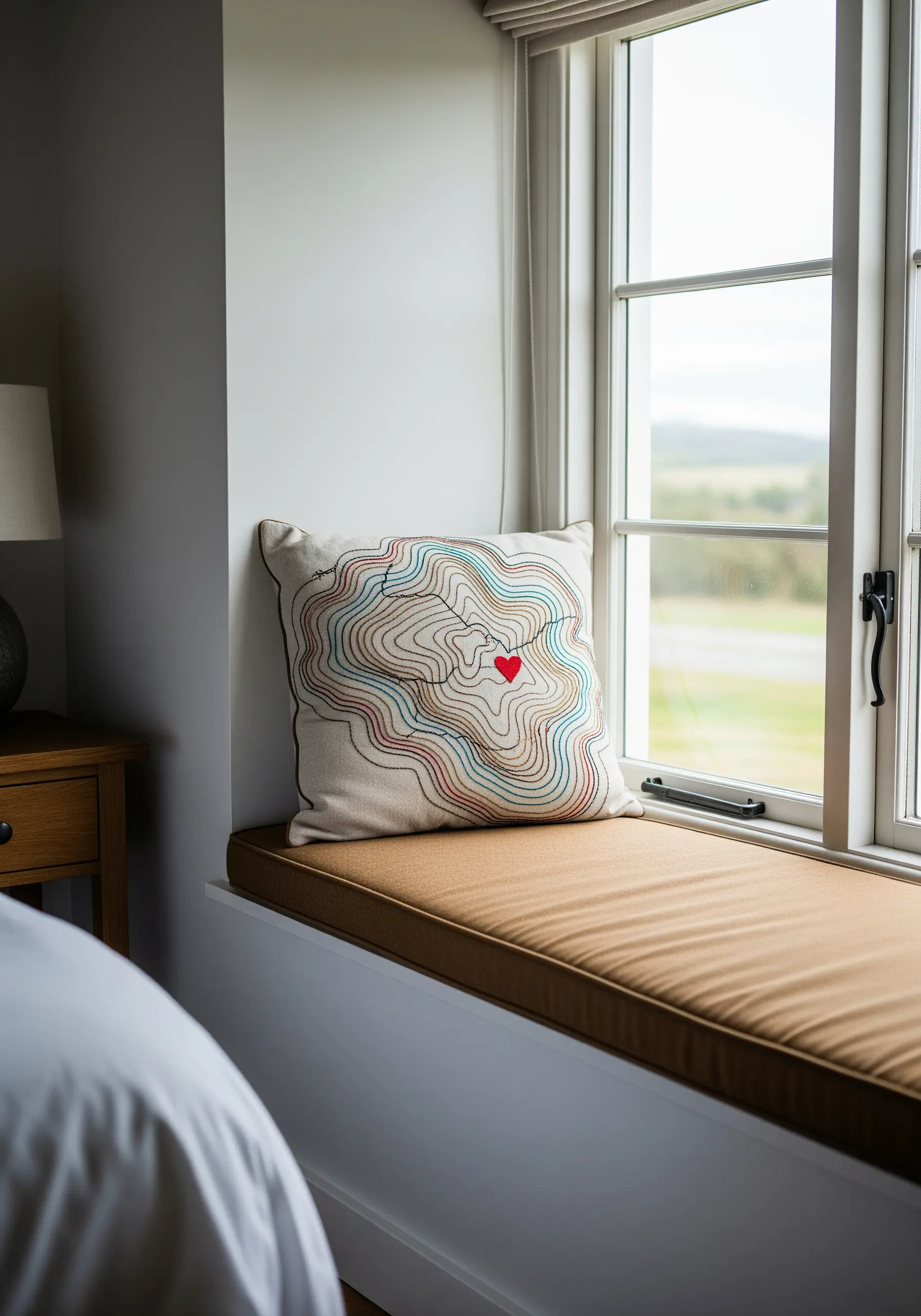 Embroidered topographic map design with a small red heart at the center.