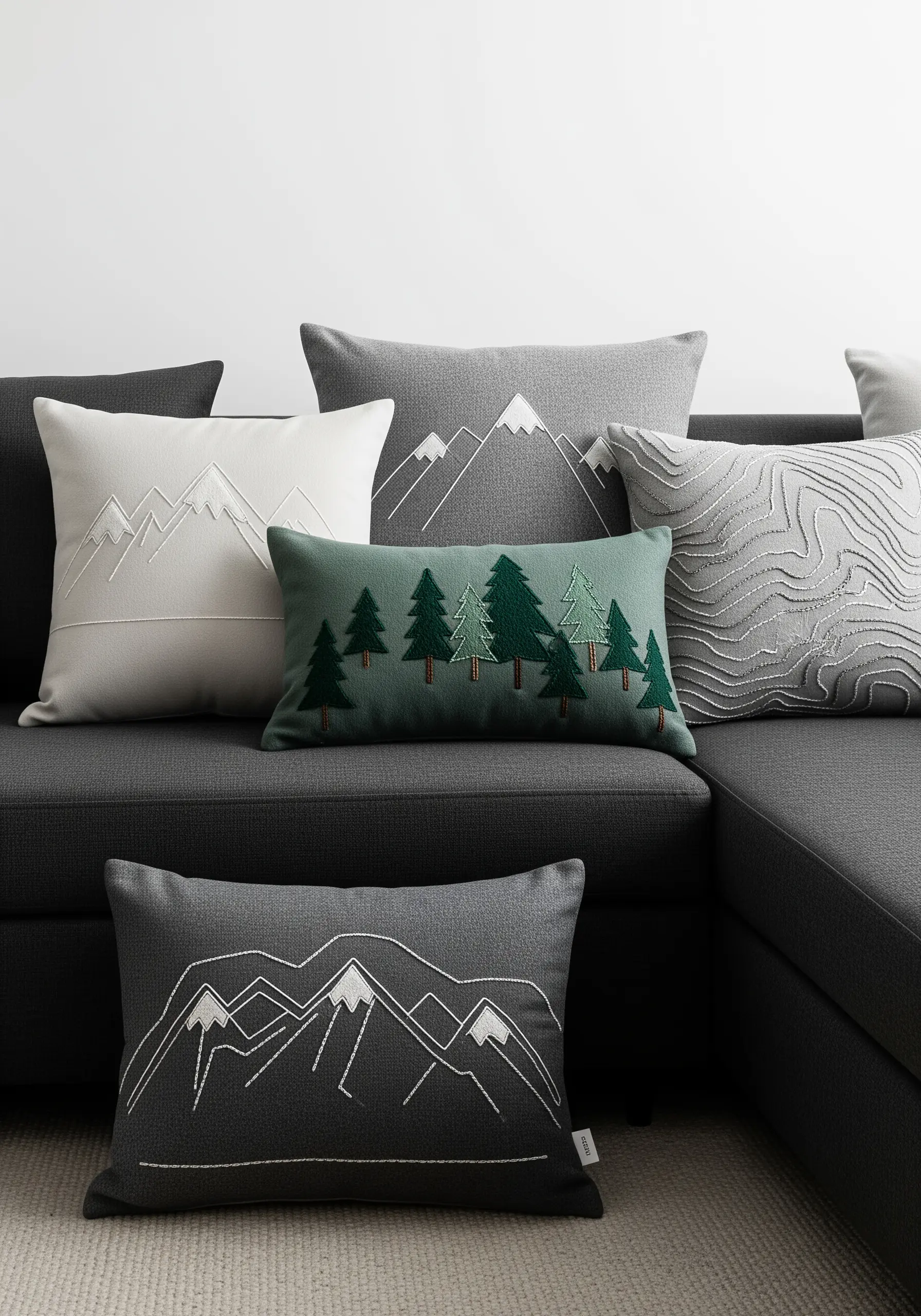 Embroidered mountain outlines, pine tree silhouettes, and topographic map lines on grey pillows.