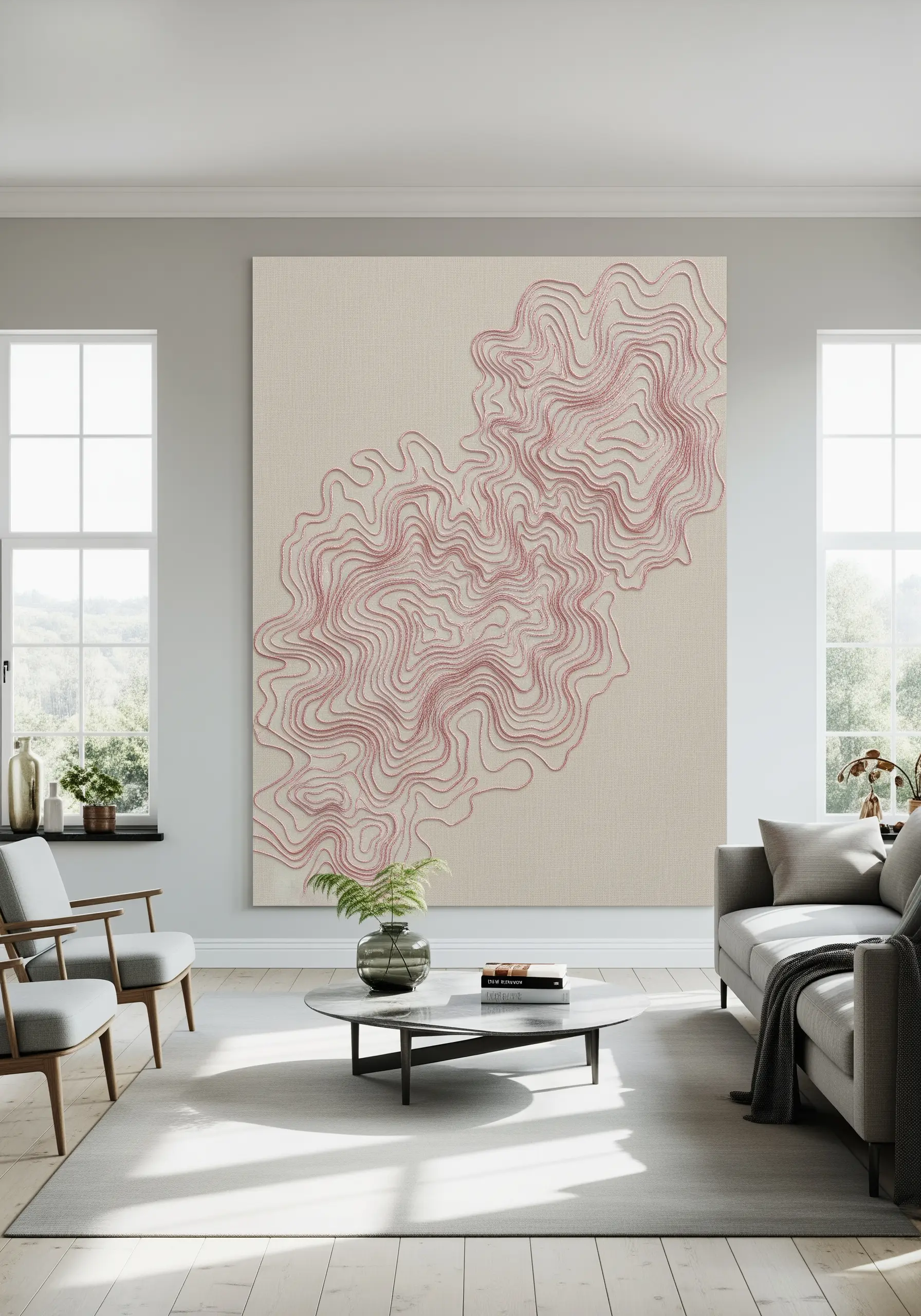 Pink topographic map style embroidery lines on large canvas