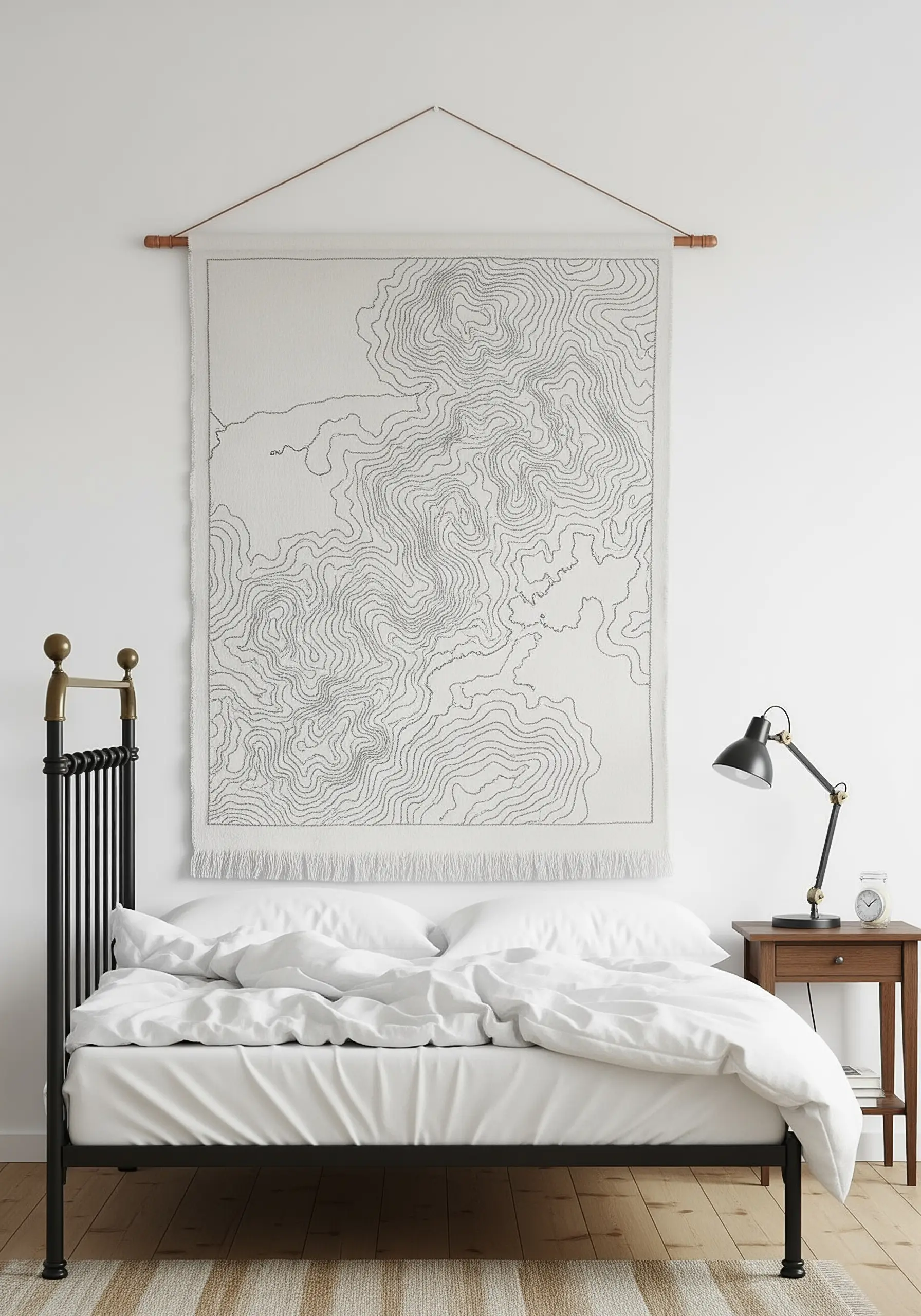 Large white tapestry with black topographic map embroidery lines