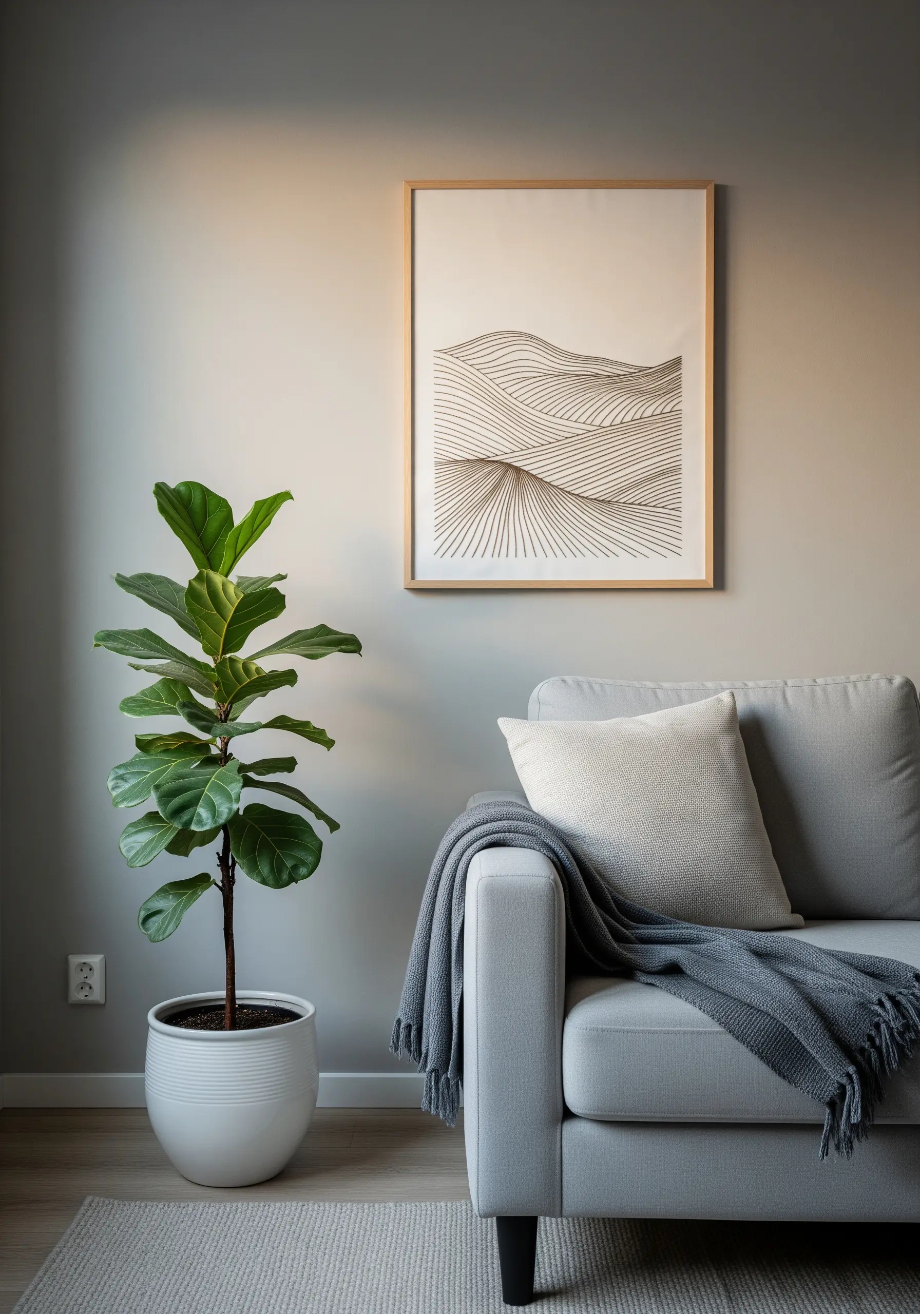 Framed minimal embroidery of wavy, topographic-style lines in dark thread on white fabric.