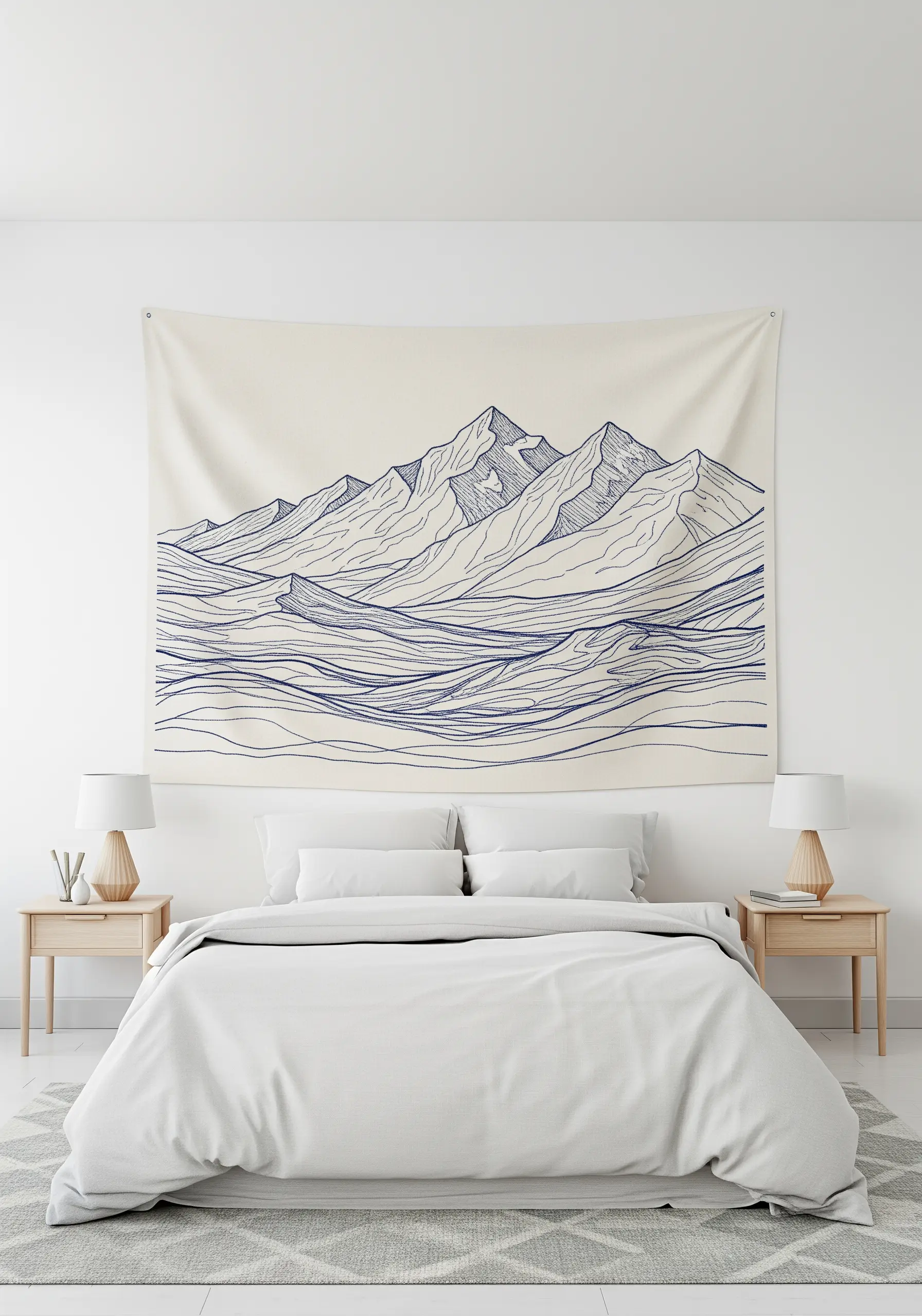 Large tapestry with blue thread embroidery depicting mountain ranges