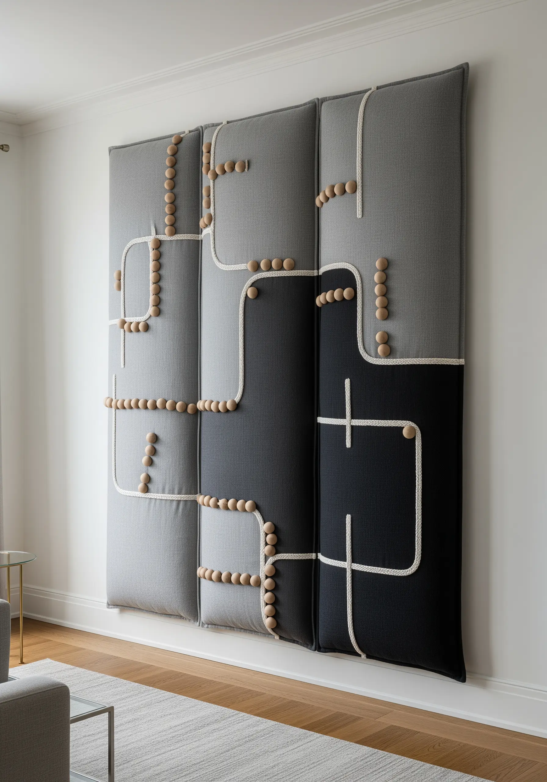 A large, four-panel upholstered wall hanging in shades of gray, with thick white rope and wooden beads.