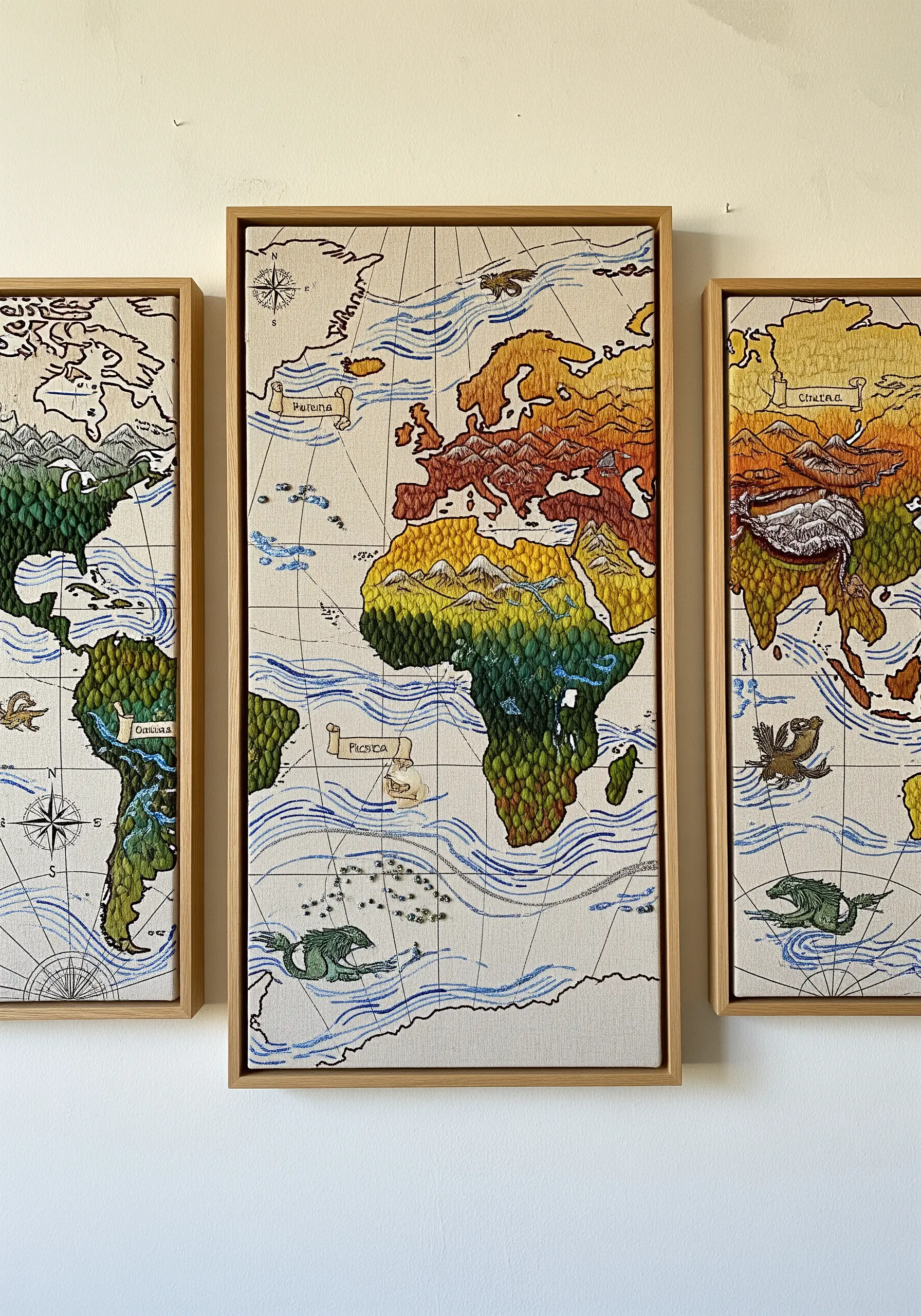 Three-panel embroidery map with textured French knots representing terrain