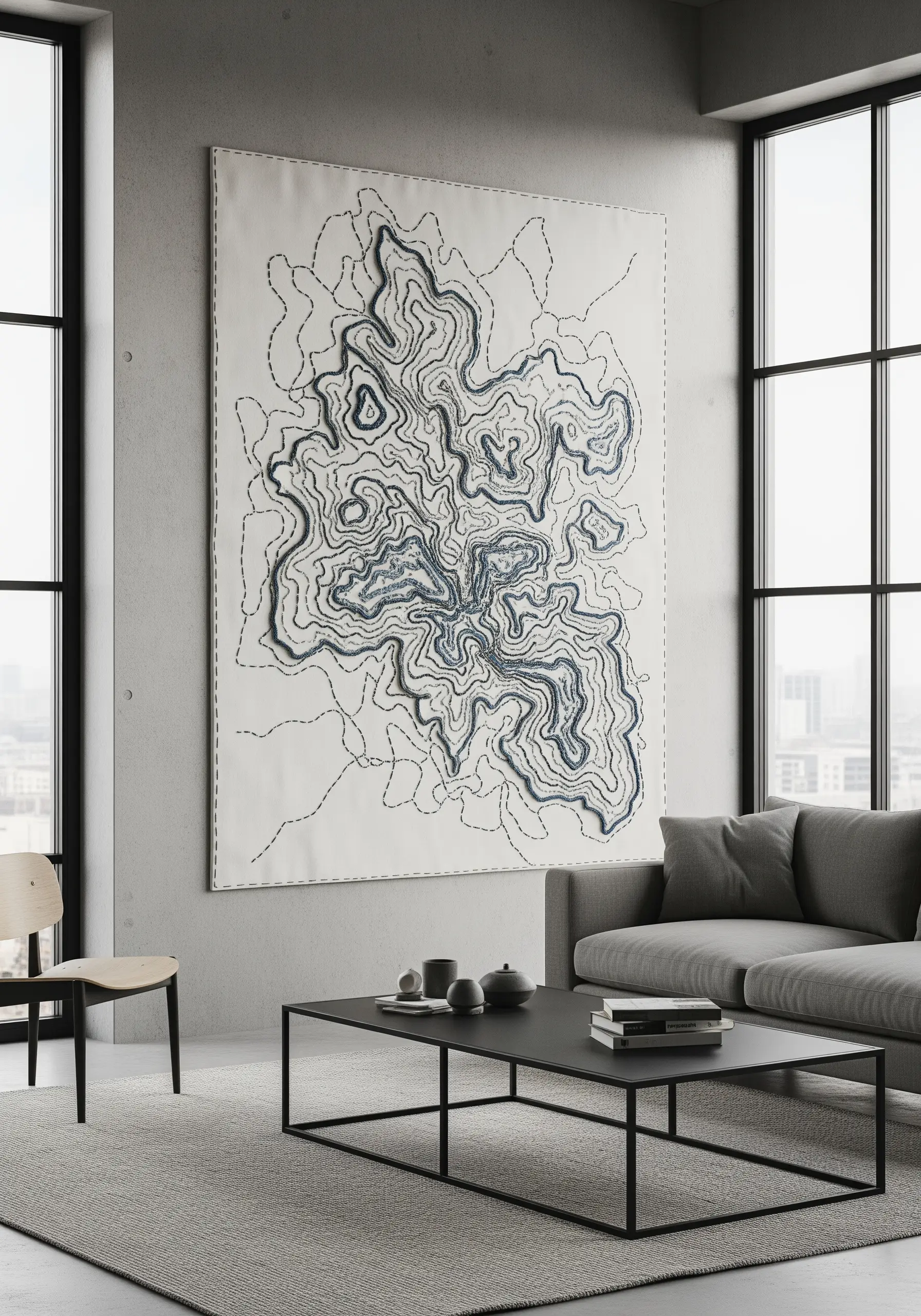 A large wall tapestry embroidered with the complex lines of a topographical map in blue and black.