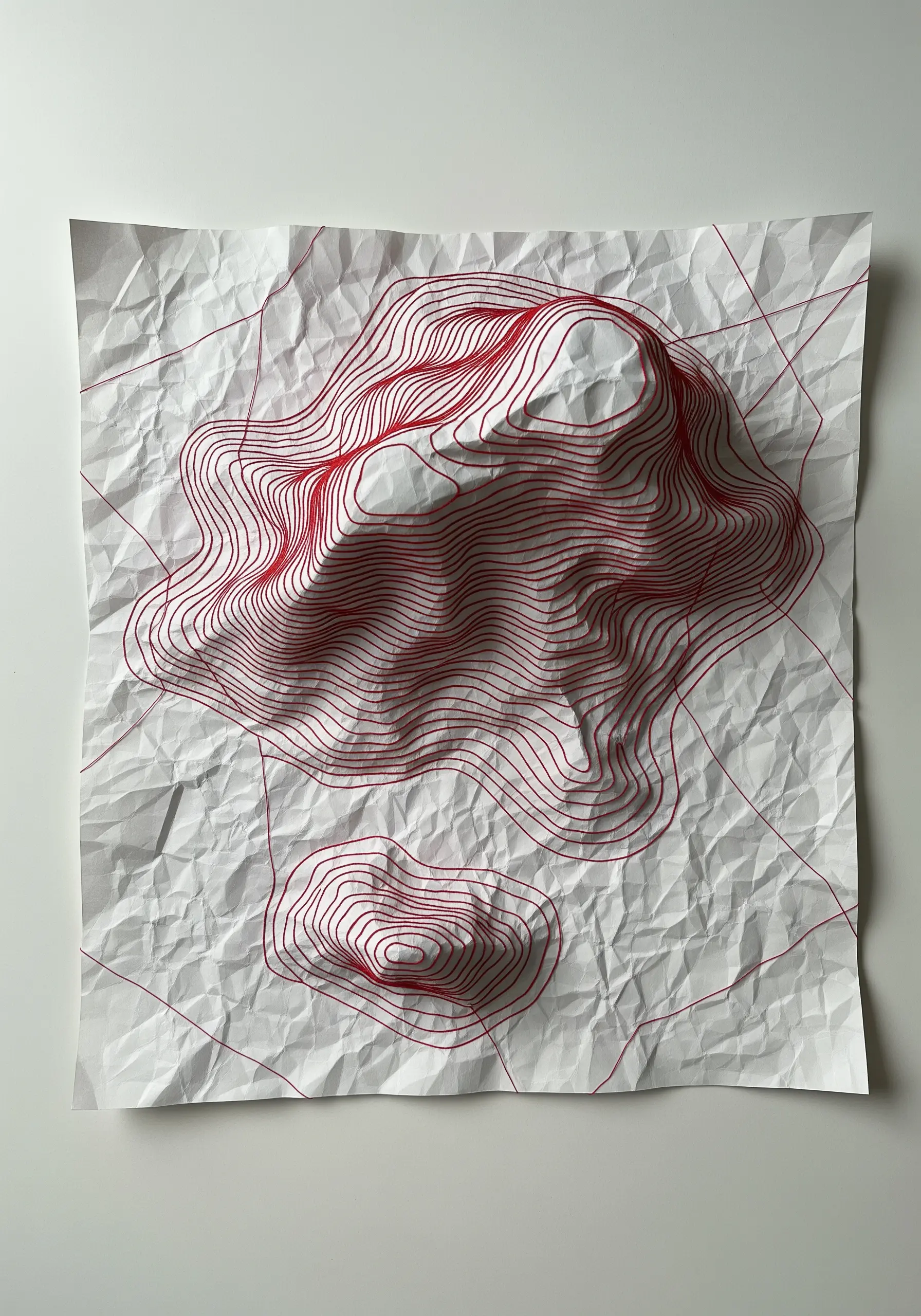 Red thread stitched in topographic contour lines over a crumpled sheet of white paper.