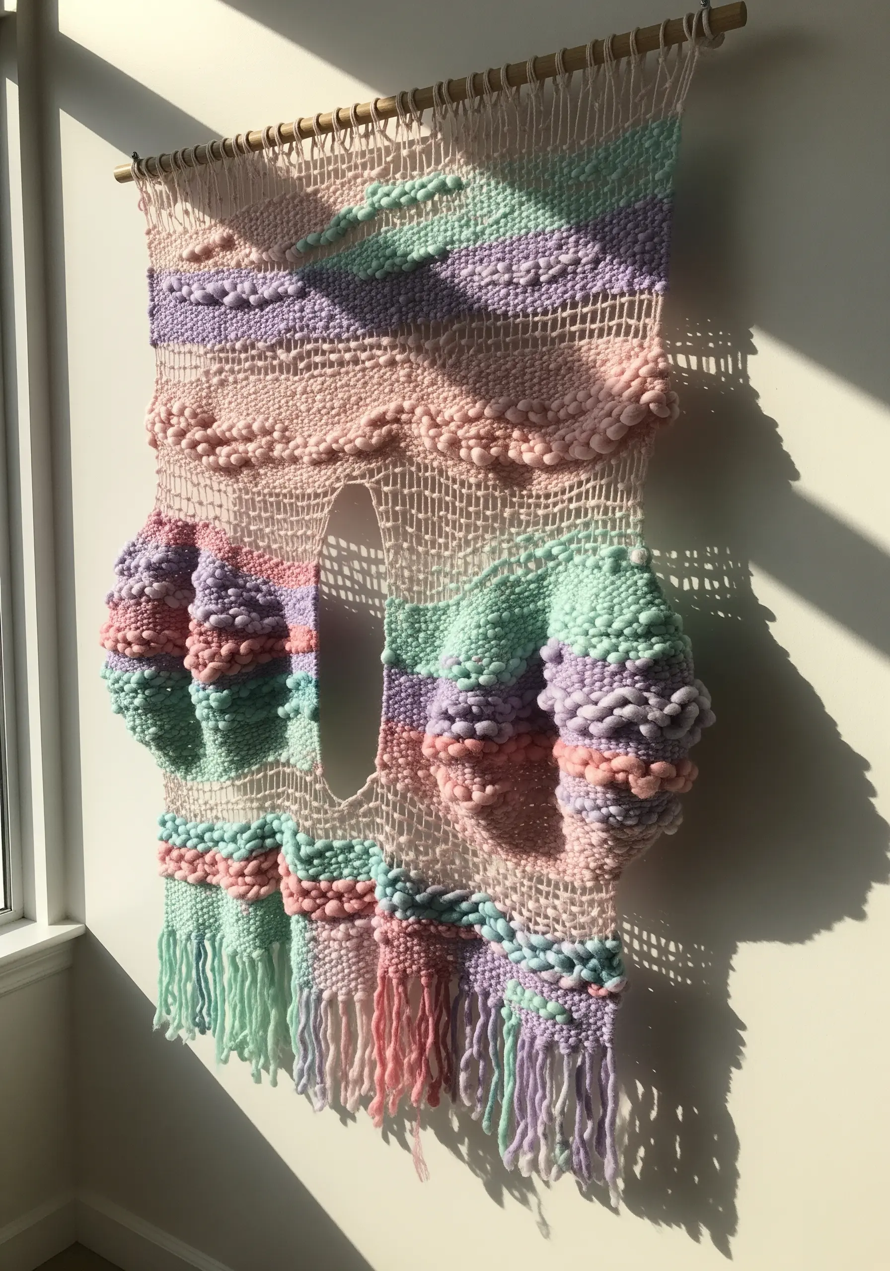 A pastel woven wall hanging with bubbly, high-relief textures and open spaces.