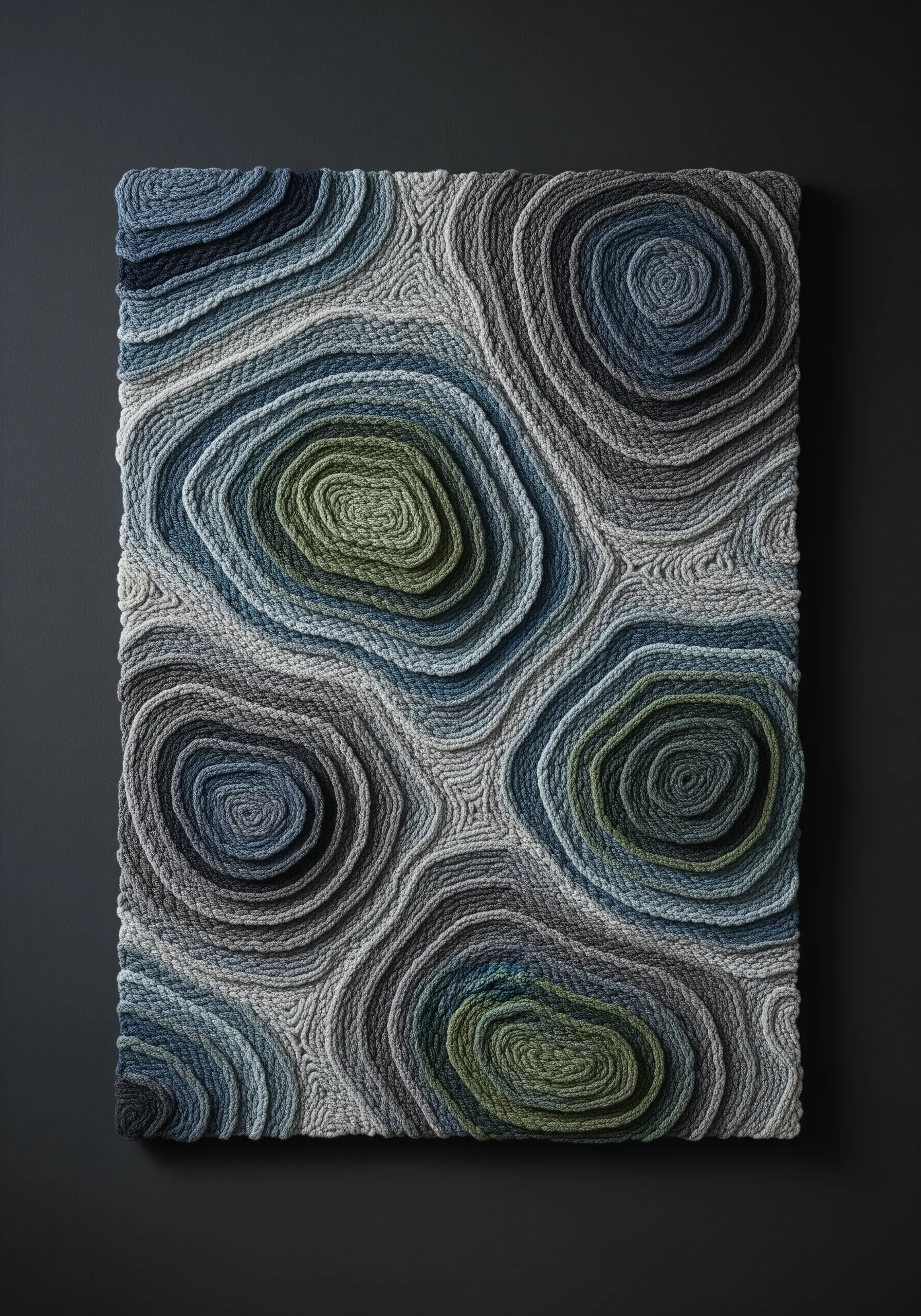 A rectangular textile art piece with swirling, topographical patterns in grey, blue, and green yarn.