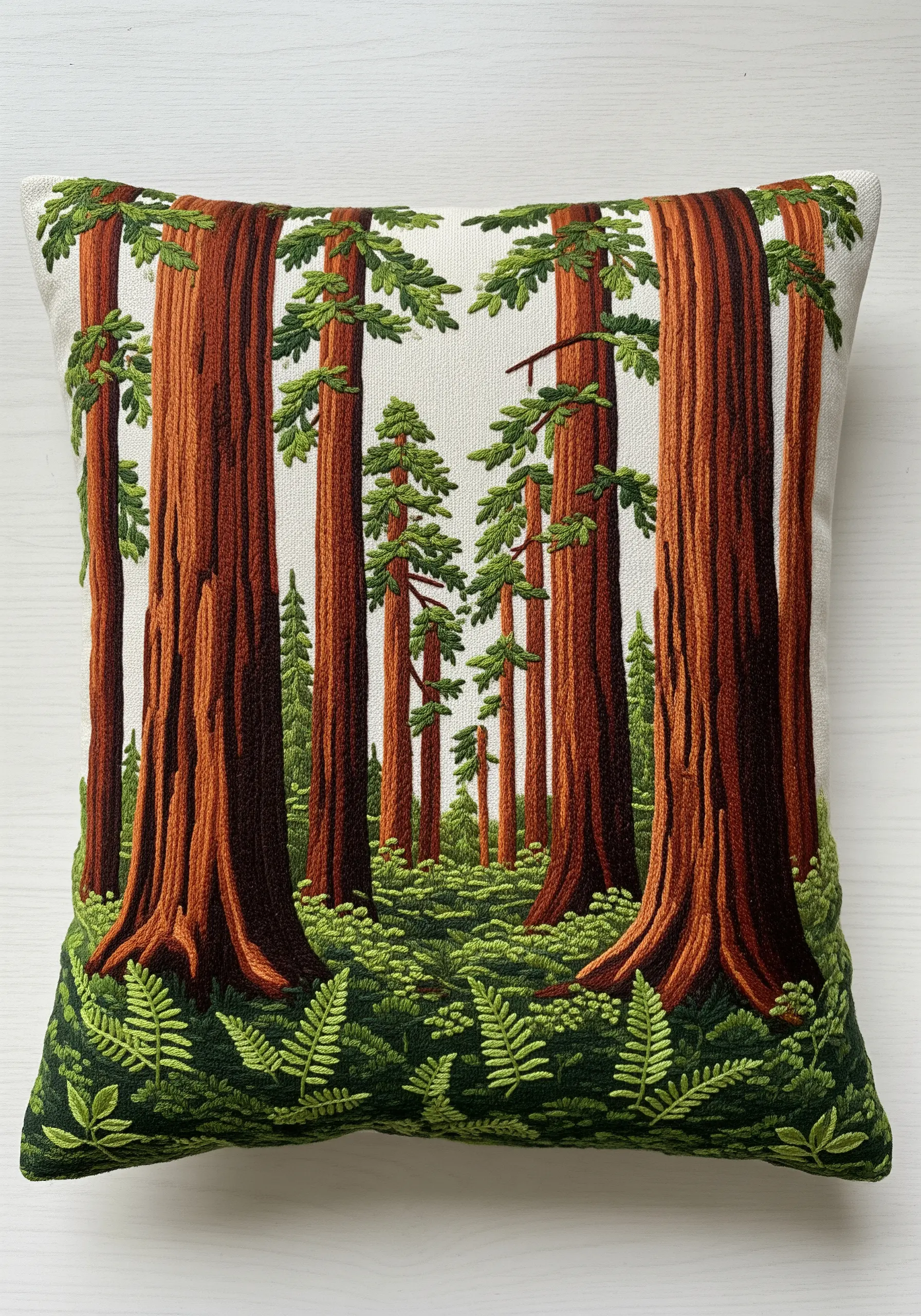 Embroidered pillow featuring tall redwood trees in a lush green forest.